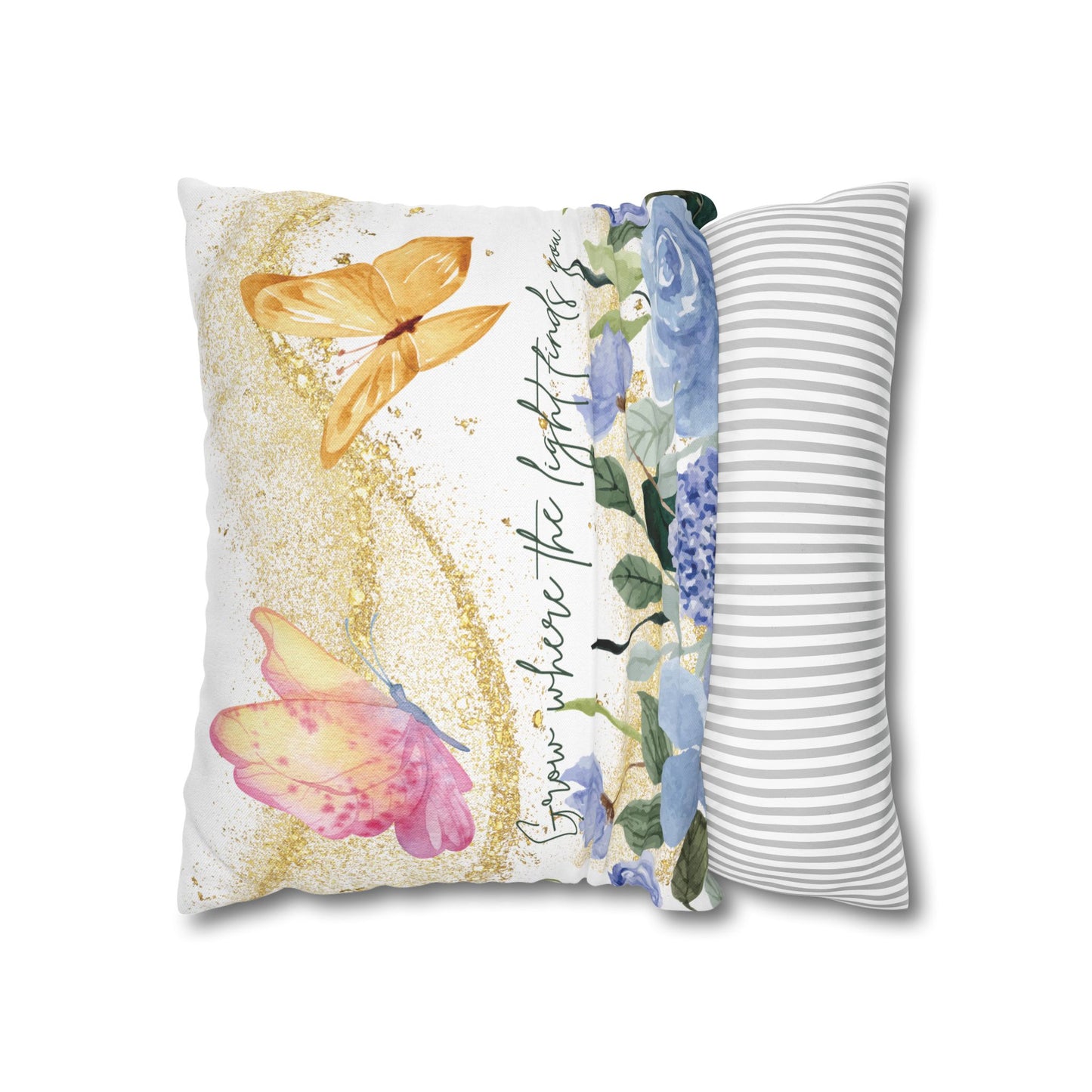 Butterfly & Floral Quote Pillow – “Grow Where the Light Finds You” Watercolor Cushion