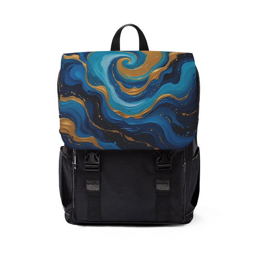 Ocean Swirl Unisex Casual Shoulder Backpack, Daypack, Travel Bag, Art Backpack, Unique Gift for Students, Summer Outing Celestial Swirl Backpack – Blue & Gold Abstract Art School Bag
