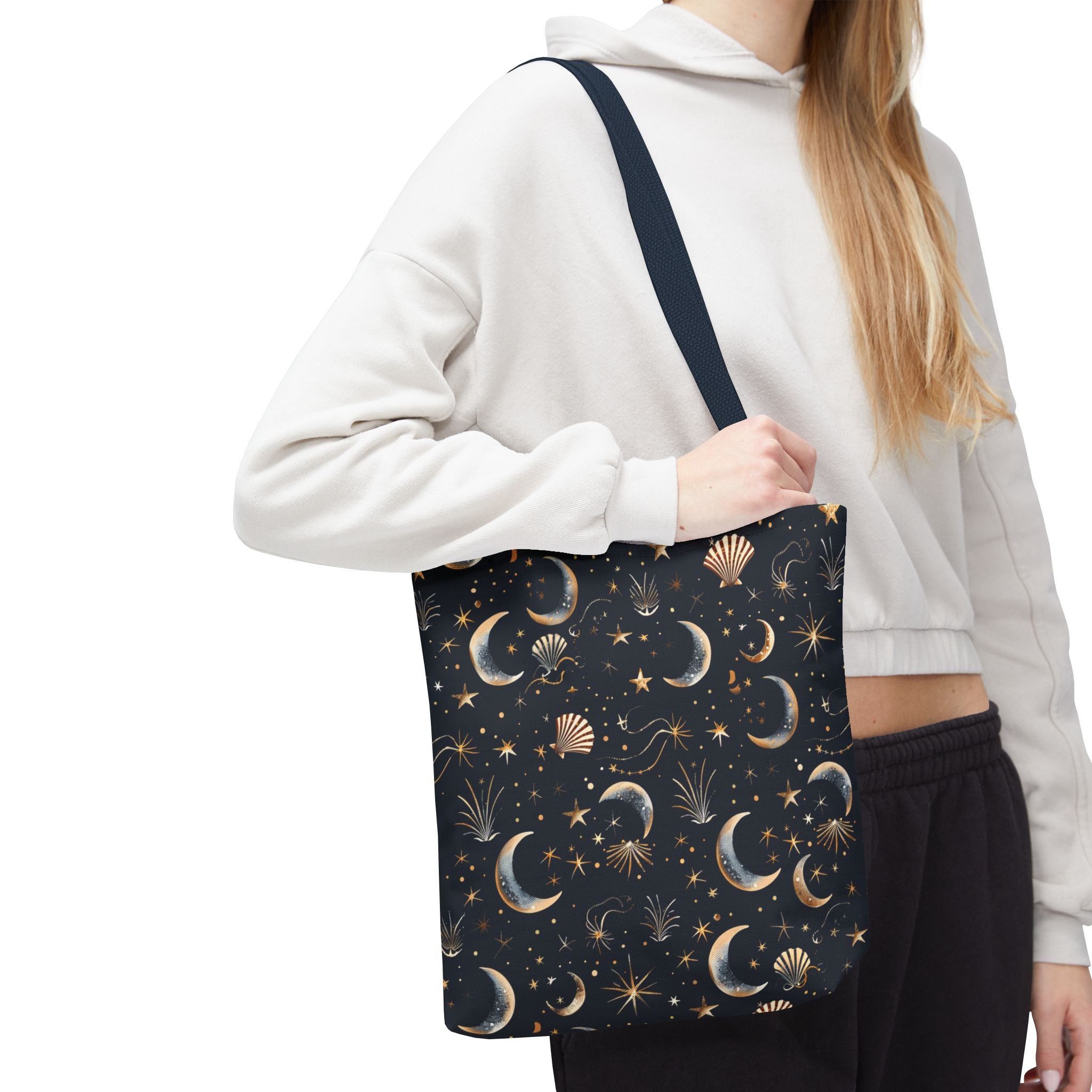 Celestial moon and stars tote bag navy zodiac crescent pattern by Stardust Cove