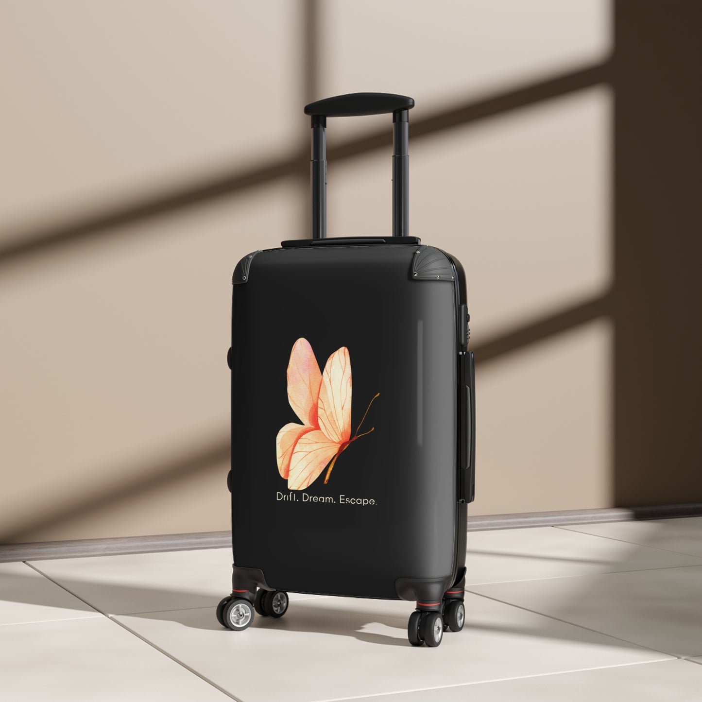 Drift. Dream. Escape. Butterfly Suitcase – Minimalist Black Luggage | Stardust Cove Travel Collection