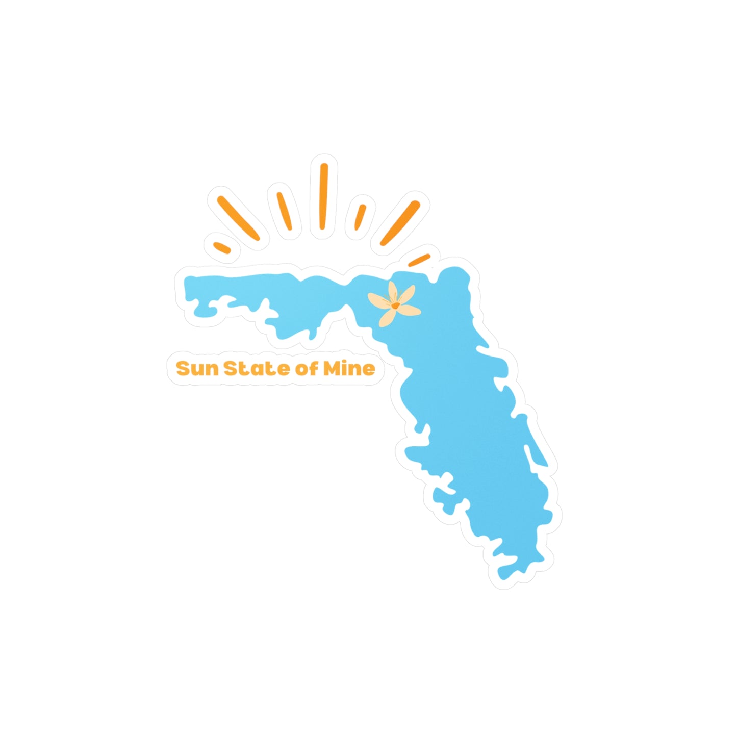 Blue Florida state vinyl sticker with orange sun rays and text "Sun State of Mine" — sunny, coastal-themed decal for laptops, water bottles, or gifts.
