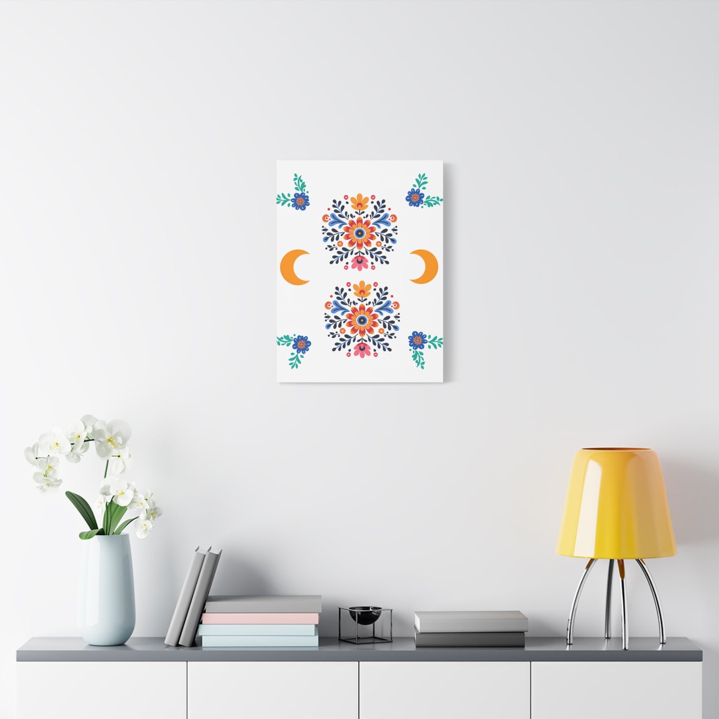 Celestial Bloom Canvas Wall Art – Moon & Floral Folk Art Print | Mystical Home Decor | Stardust Cove Exclusive