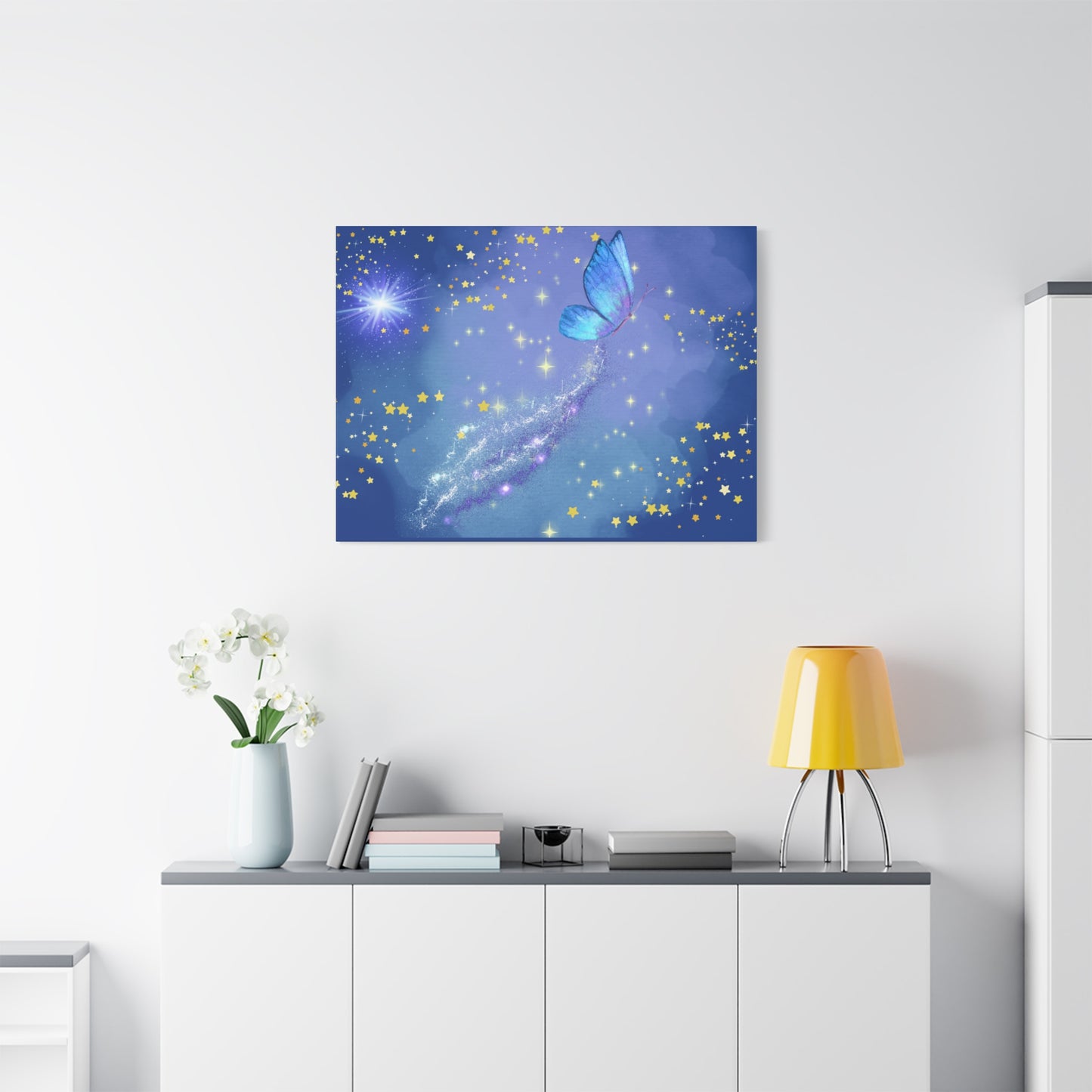 Celestial Butterfly Canvas Wall Art – Galaxy-Inspired Matte Print with Stars and Cosmic Trail