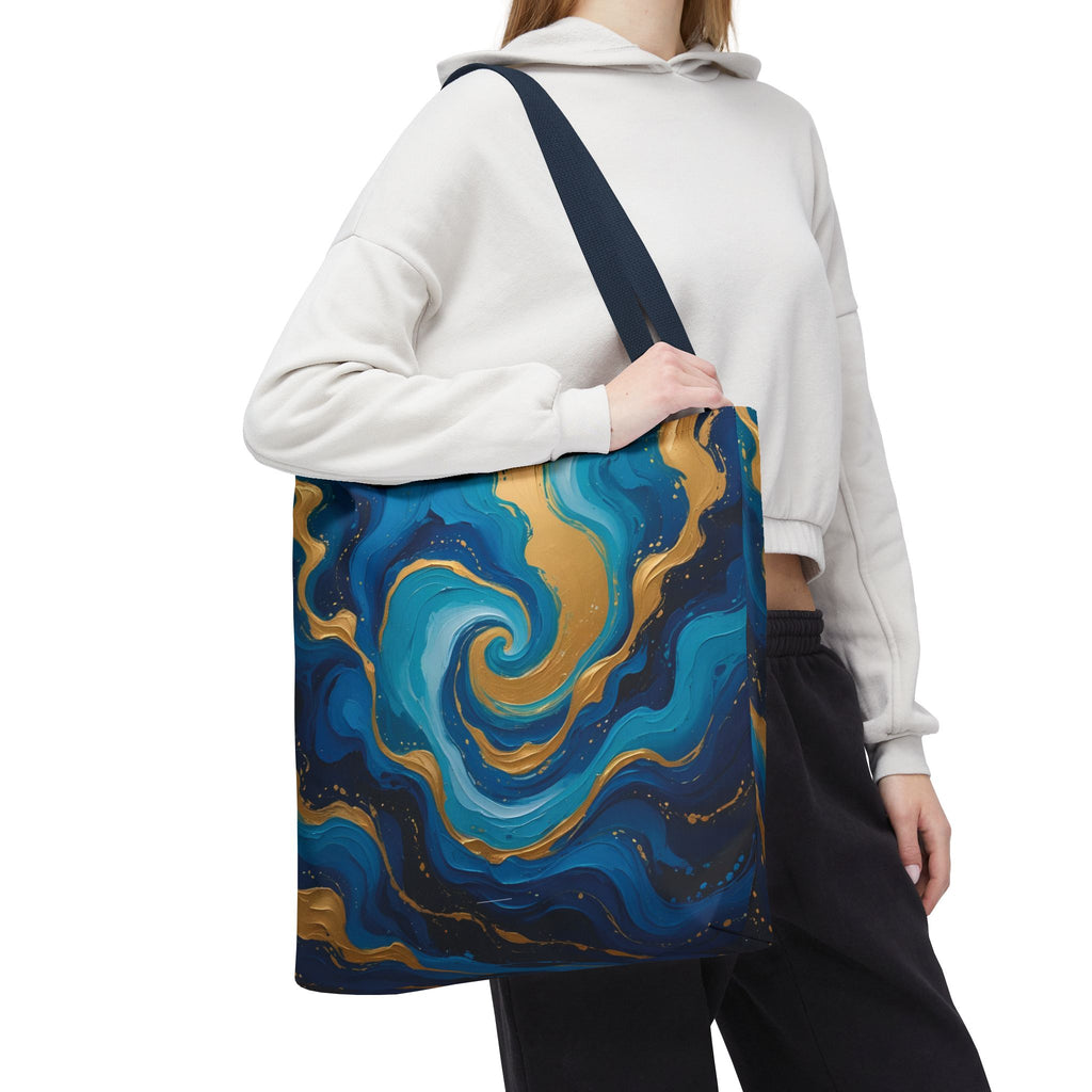 Abstract Ocean Swirl Tote Bag — Blue & Gold Marble Pattern