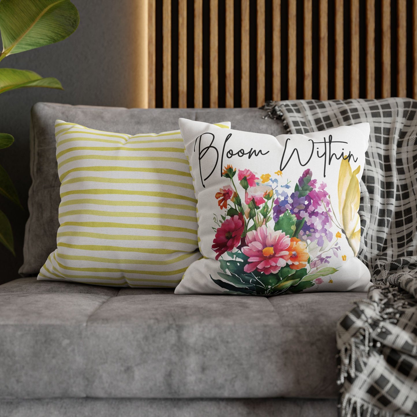 Bloom Within Throw Pillow – Inspirational Floral Butterfly Pillowcase – Watercolor Quote Cushion Cover