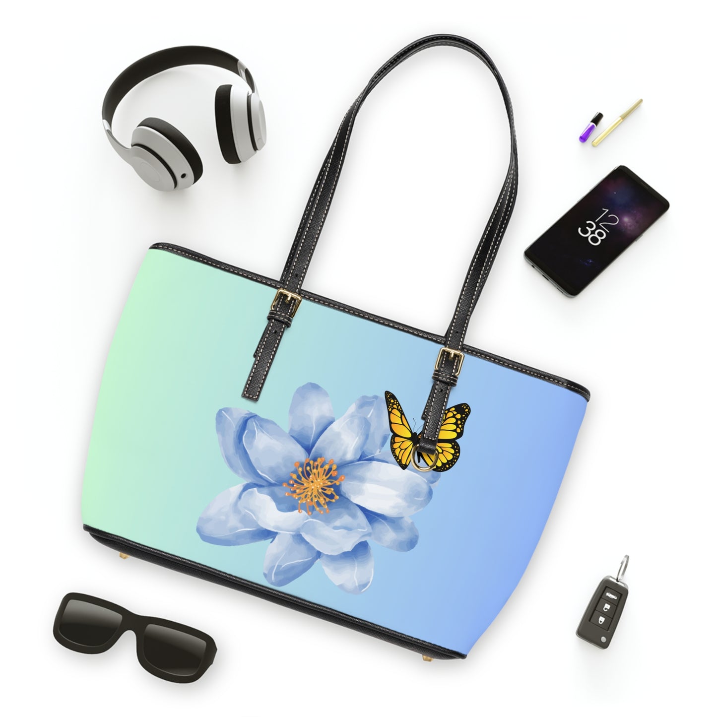 Floral Butterfly Leather Shoulder Bag – Blue and Green Ombre Tote – Fresh Chic Handbag