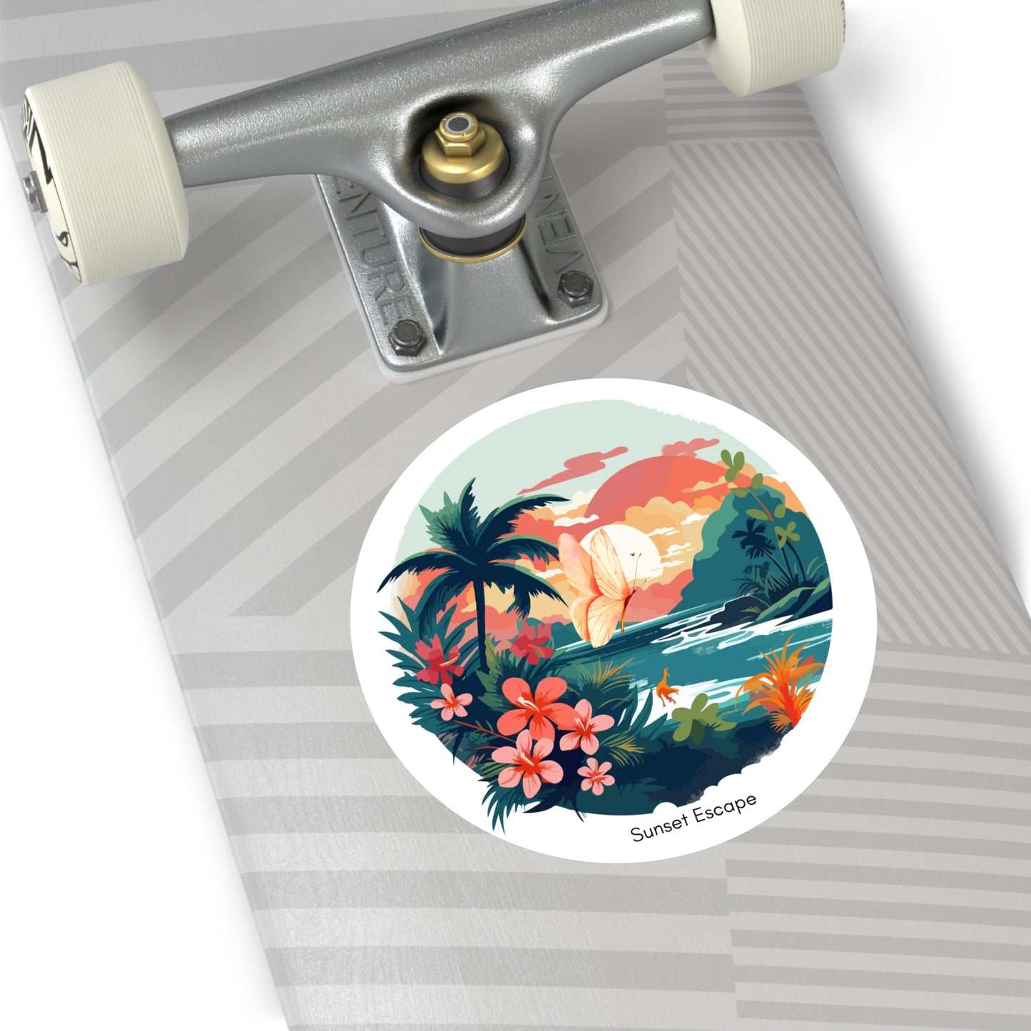 Sunset Escape Tropical Round Vinyl Sticker – Coastal Butterfly Beach Scene | Stardust Cove Aesthetic