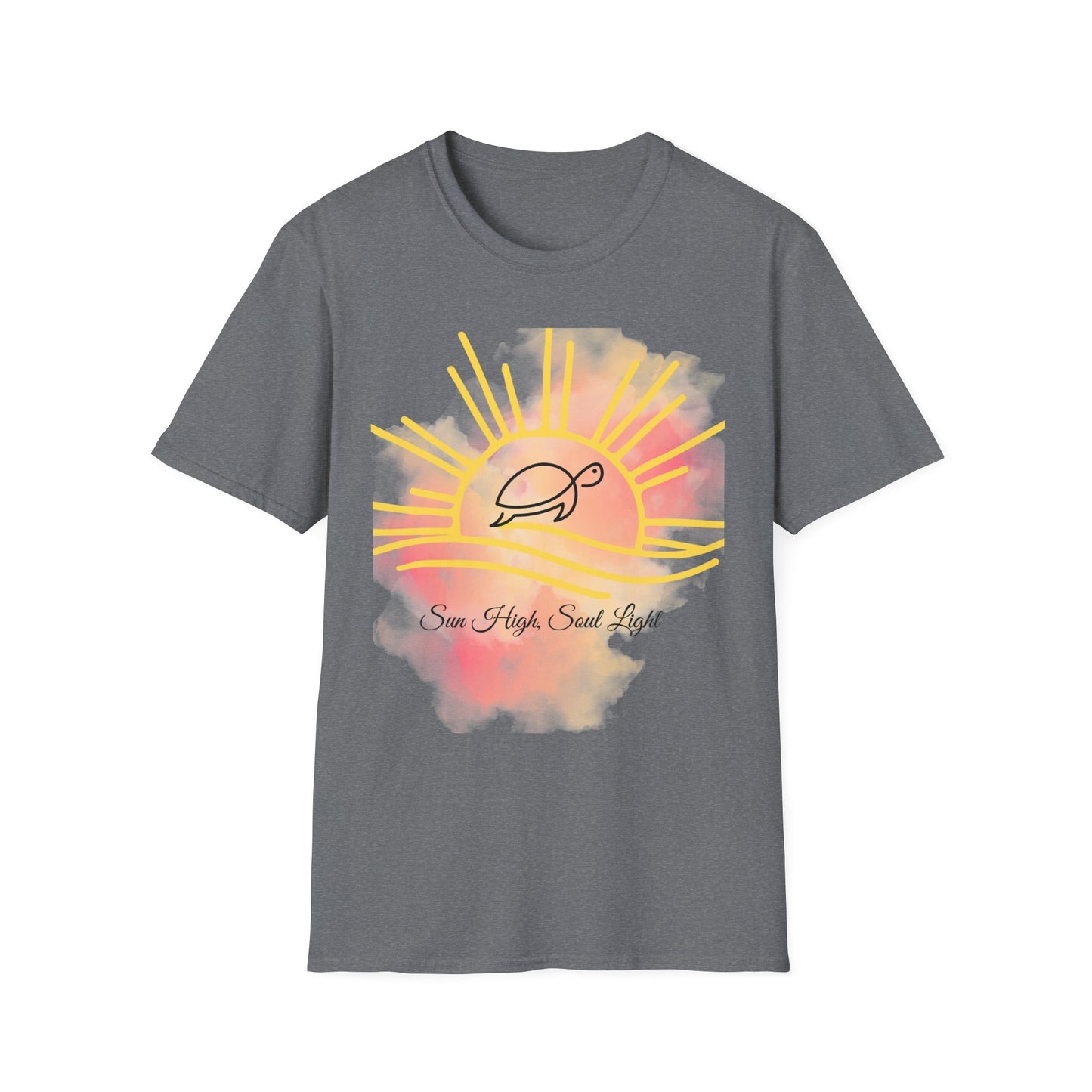 Sun High Soul Soft T-Shirt – Watercolor Sunrise & Turtle Tee | Uplifting Coastal Shirt
