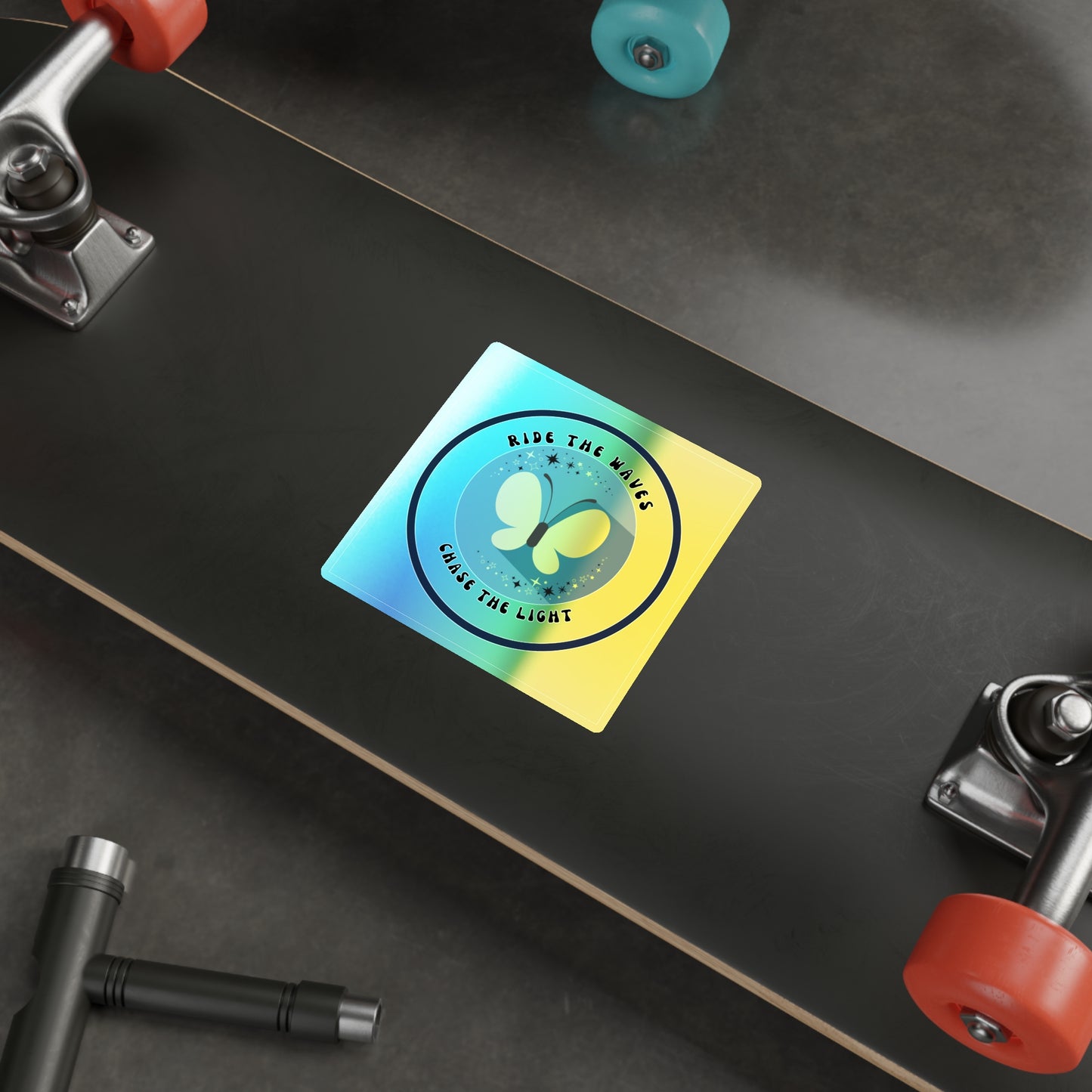 Holographic “Ride the Waves, Chase the Light” Butterfly Sticker – Motivational Decal for Laptop, Water Bottle & Journals