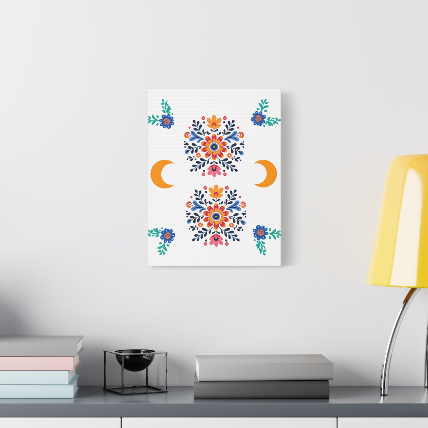 Celestial Bloom Canvas Wall Art – Moon & Floral Folk Art Print | Mystical Home Decor | Stardust Cove Exclusive