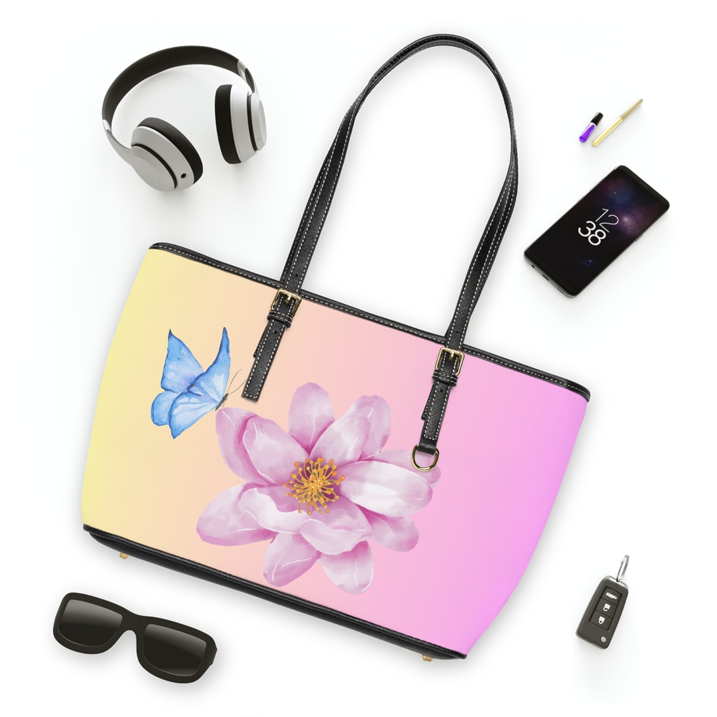 Pastel Butterfly and Flower Leather Shoulder Bag – Soft Gradient Tote – Dreamy Chic Handbag