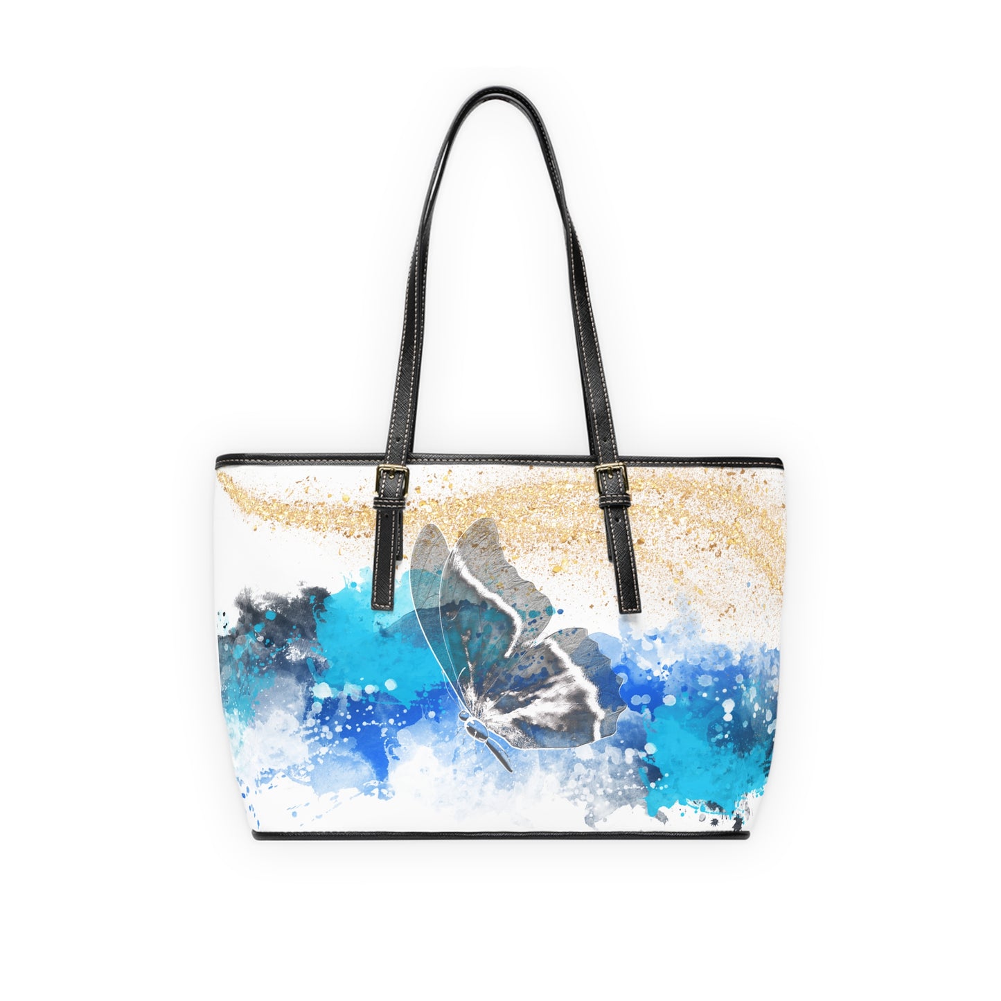 Elegant Blue Butterfly Leather Shoulder Bag – Watercolor Artistic Tote – Chic Travel Handbag