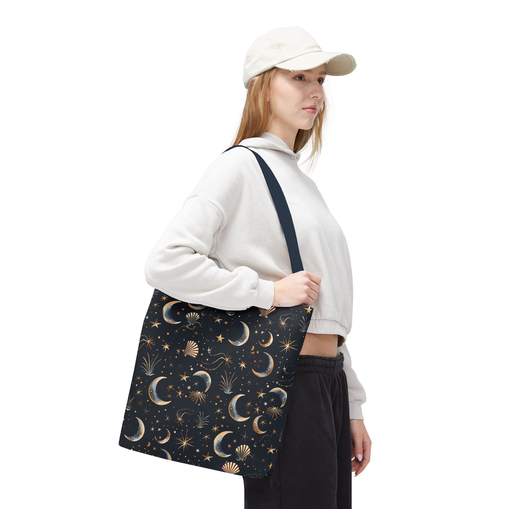Celestial moon and stars tote bag navy zodiac crescent pattern by Stardust Cove