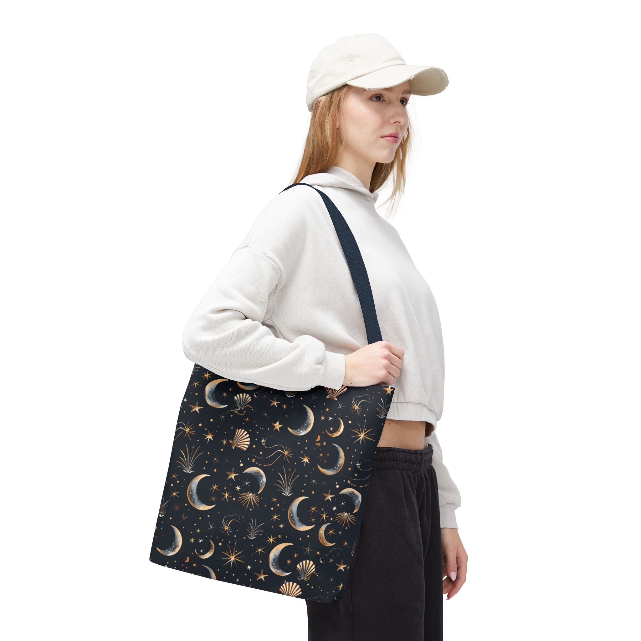 Celestial moon and stars tote bag navy zodiac crescent pattern by Stardust Cove