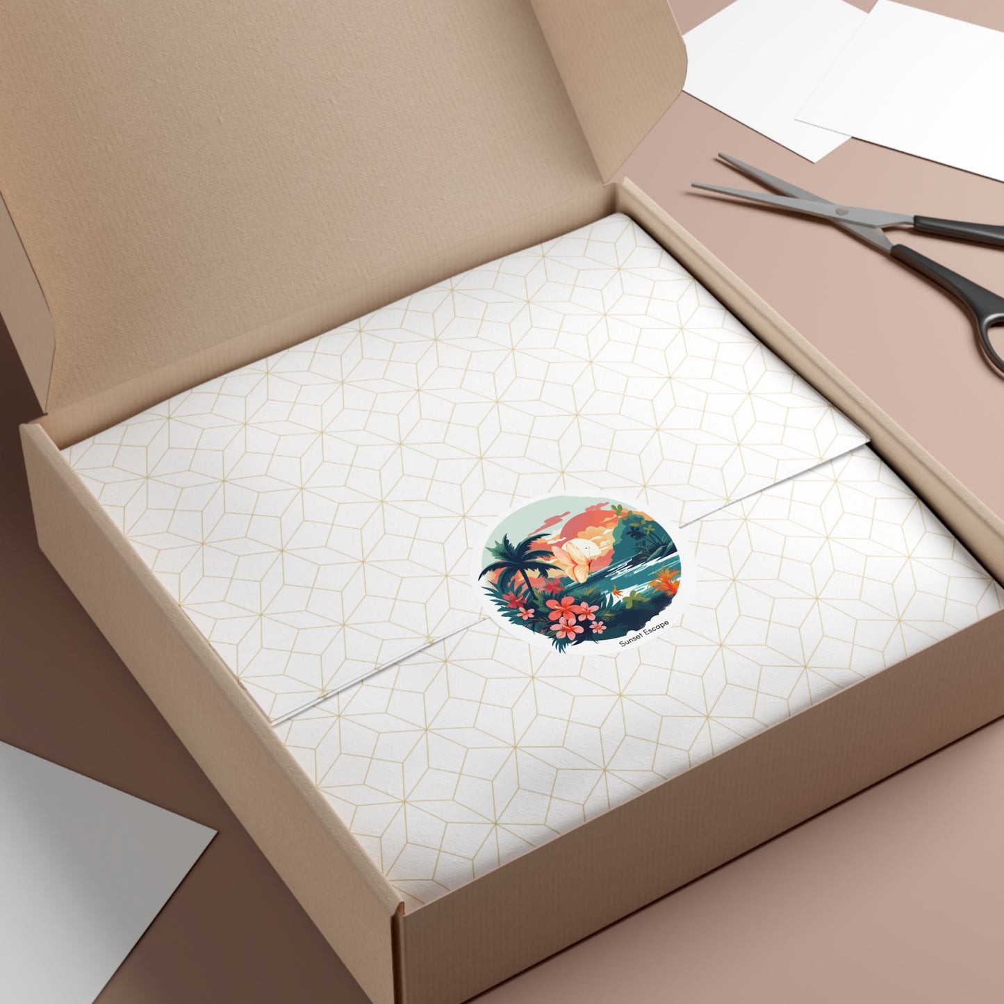 Sunset Escape Tropical Round Vinyl Sticker – Coastal Butterfly Beach Scene | Stardust Cove Aesthetic
