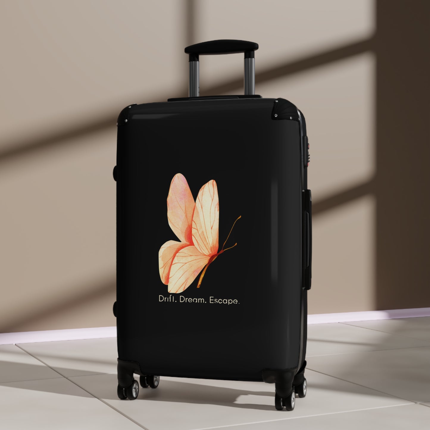 Drift. Dream. Escape. Butterfly Suitcase – Minimalist Black Luggage | Stardust Cove Travel Collection