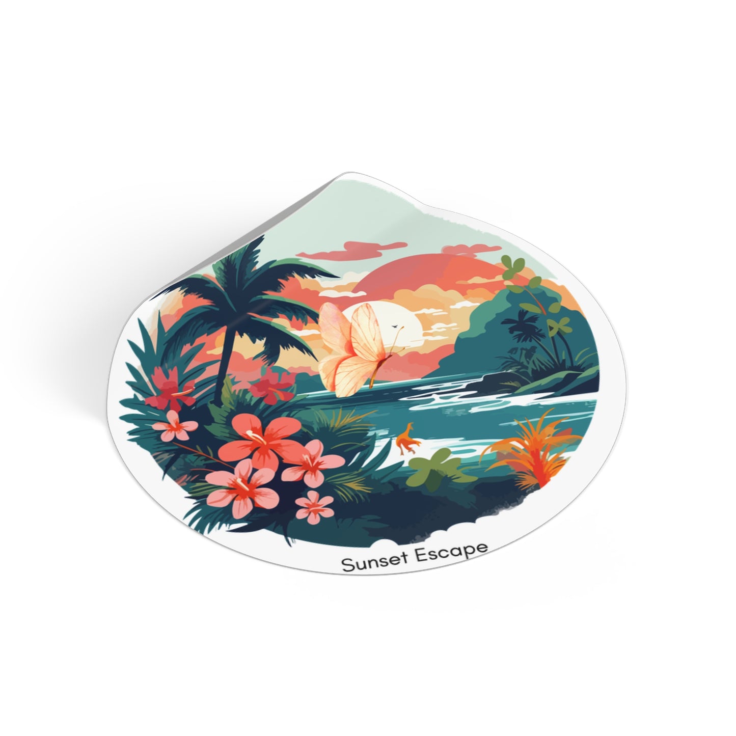 Sunset Escape Tropical Round Vinyl Sticker – Coastal Butterfly Beach Scene | Stardust Cove Aesthetic