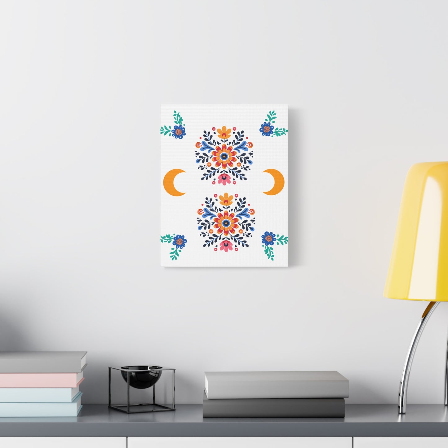 Celestial Bloom Canvas Wall Art – Moon & Floral Folk Art Print | Mystical Home Decor | Stardust Cove Exclusive