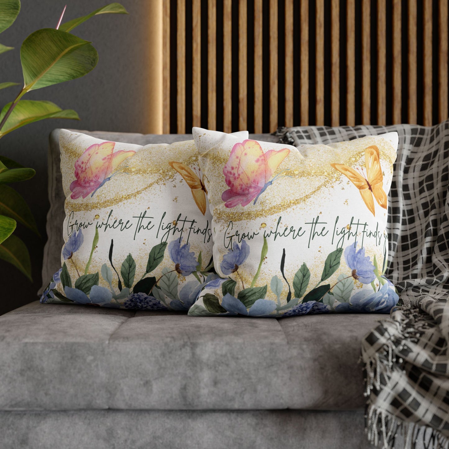 Butterfly & Floral Quote Pillow – “Grow Where the Light Finds You” Watercolor Cushion