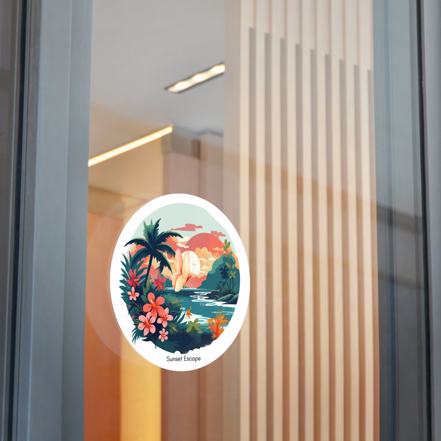 Sunset Escape Tropical Round Vinyl Sticker – Coastal Butterfly Beach Scene | Stardust Cove Aesthetic