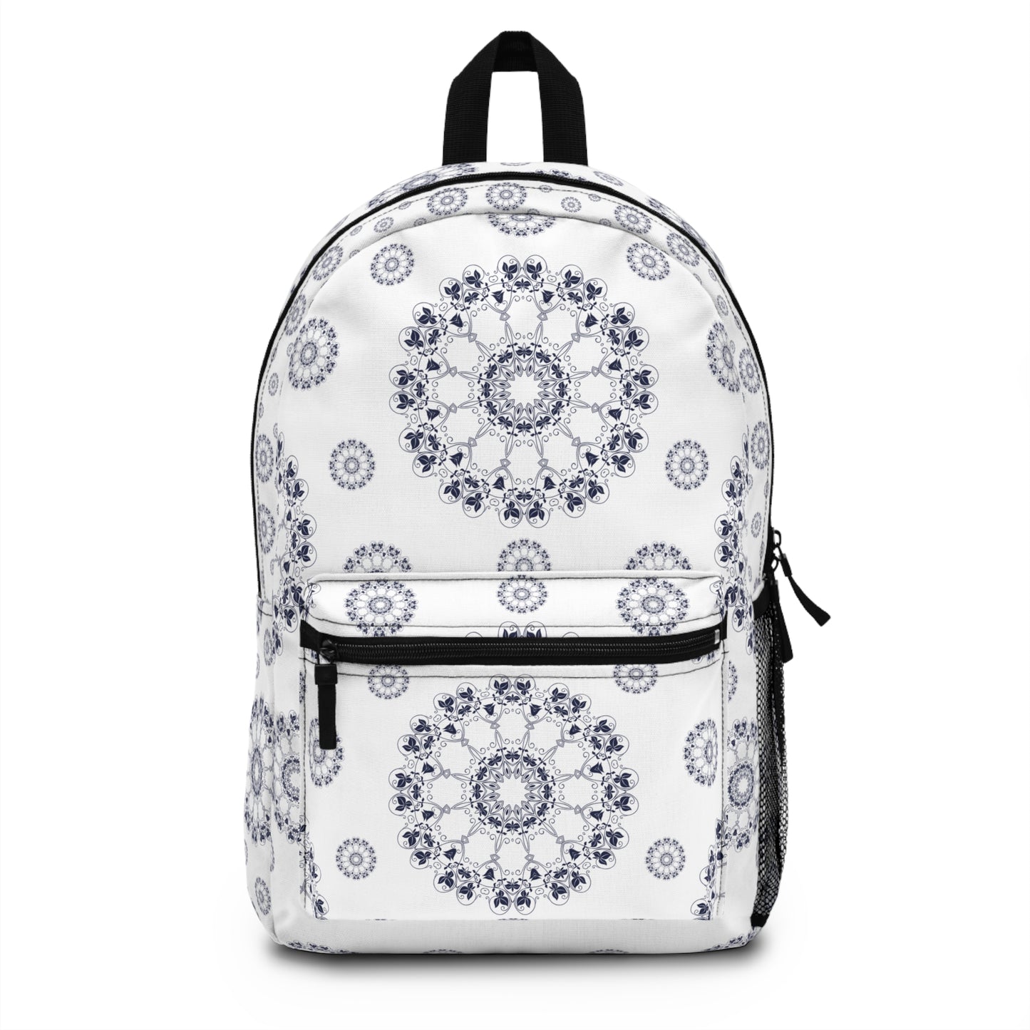 Celestial Mandala Backpack – Navy & White Boho Print | Stardust Cove Coastal Gear