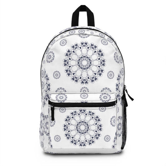 Celestial Mandala Backpack – Navy & White Boho Print | Stardust Cove Coastal Gear