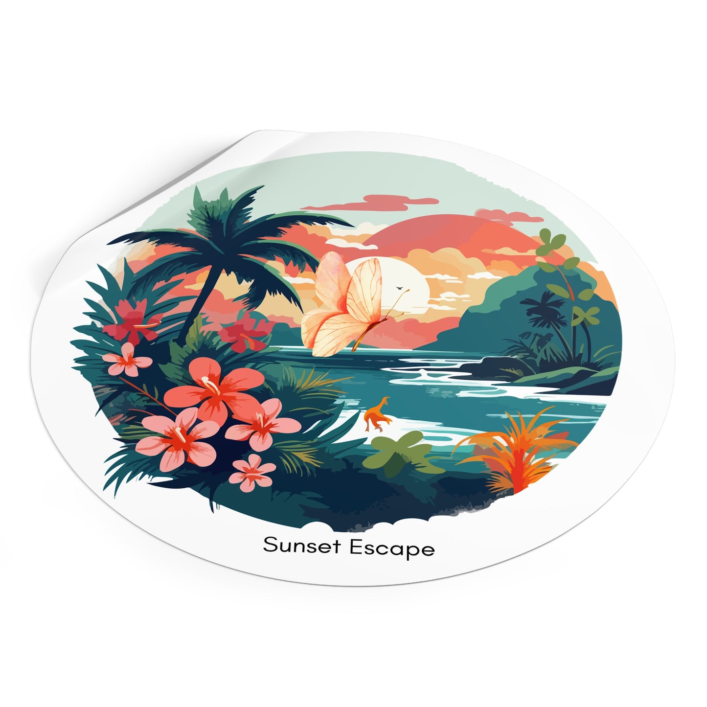 Sunset Escape Tropical Round Vinyl Sticker – Coastal Butterfly Beach Scene | Stardust Cove Aesthetic