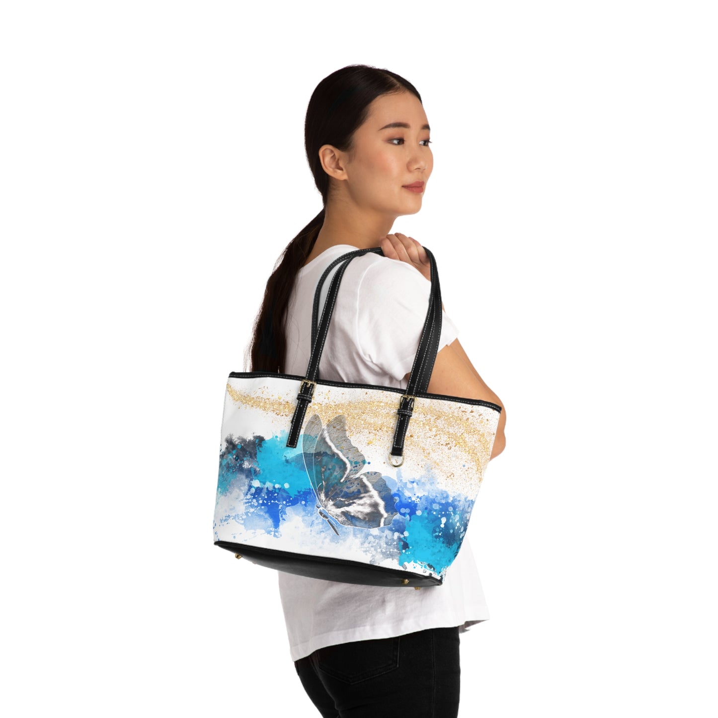 Elegant Blue Butterfly Leather Shoulder Bag – Watercolor Artistic Tote – Chic Travel Handbag