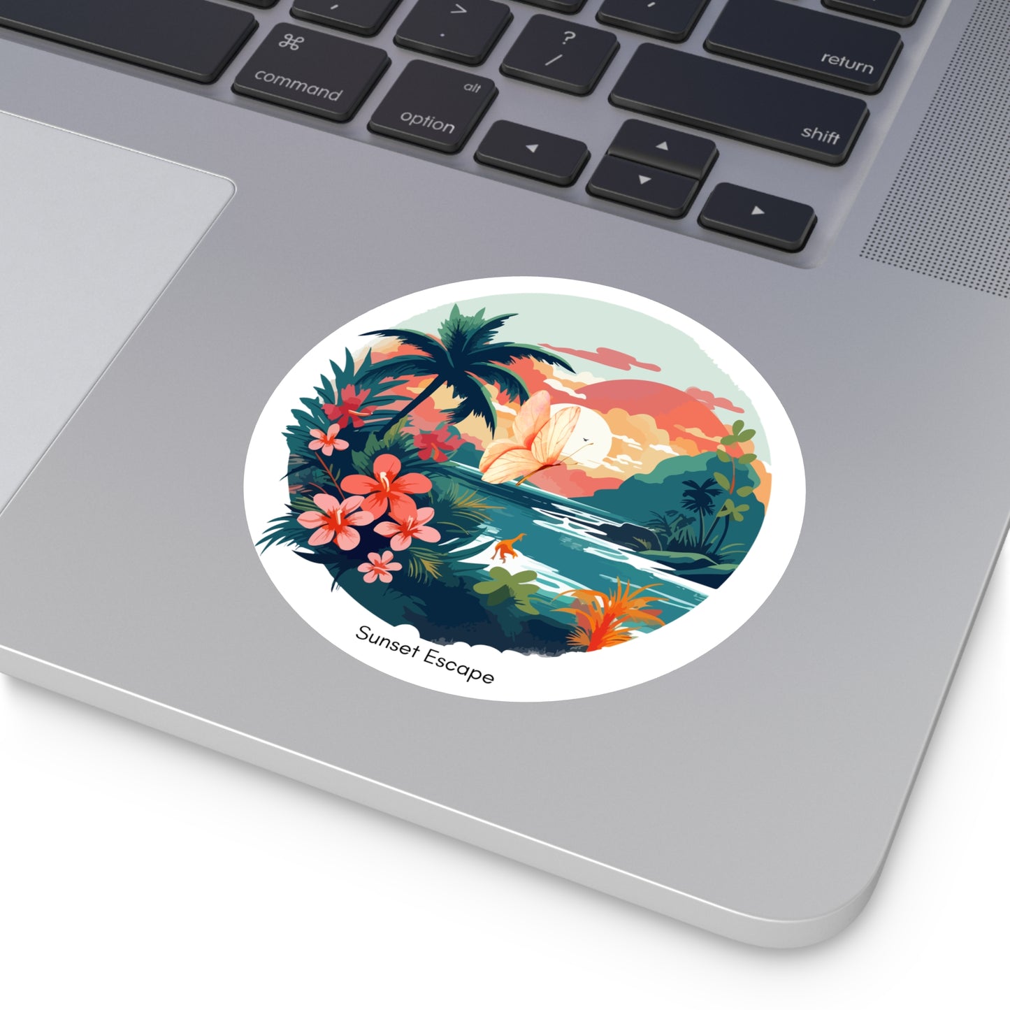 Sunset Escape Tropical Round Vinyl Sticker – Coastal Butterfly Beach Scene | Stardust Cove Aesthetic