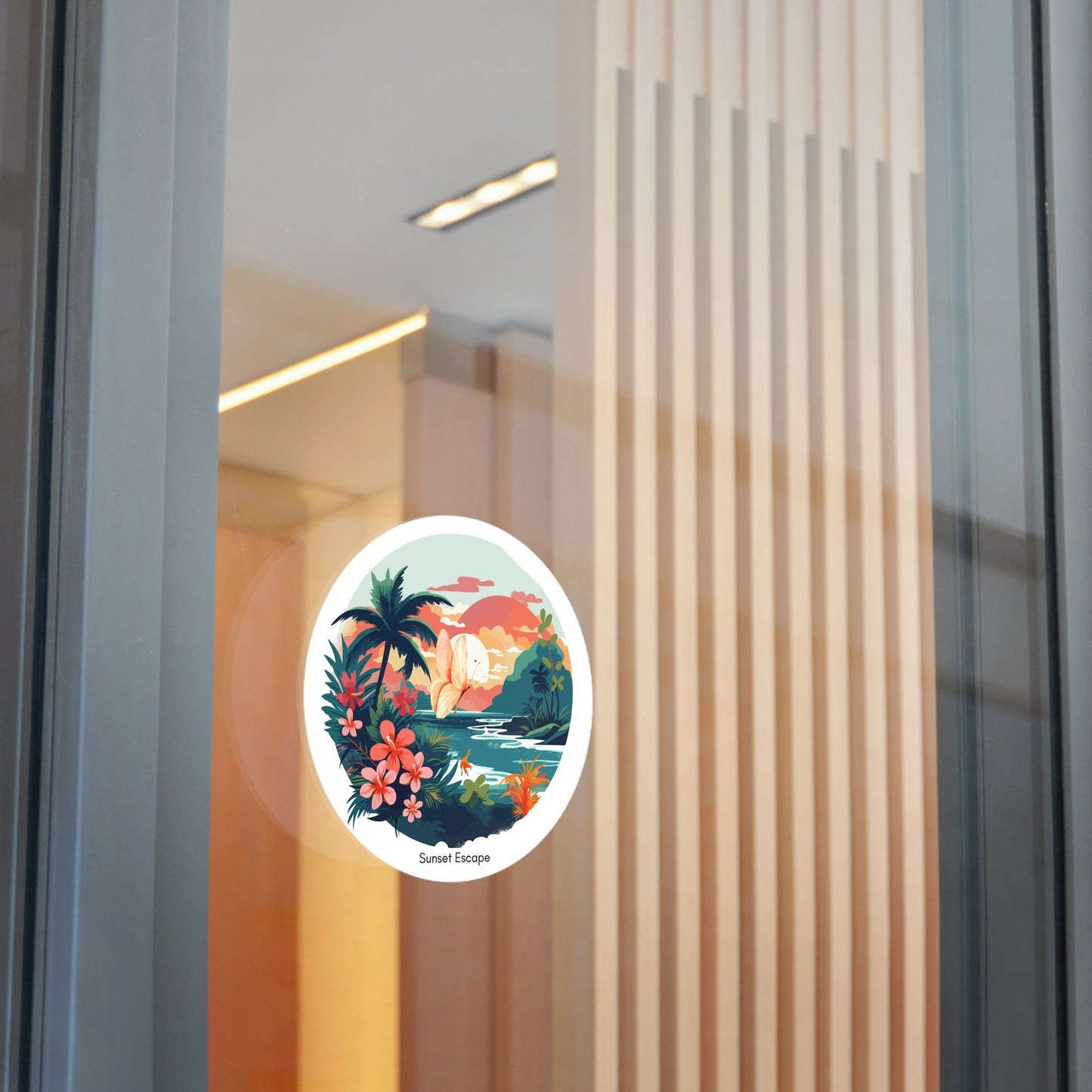 Sunset Escape Tropical Round Vinyl Sticker – Coastal Butterfly Beach Scene | Stardust Cove Aesthetic
