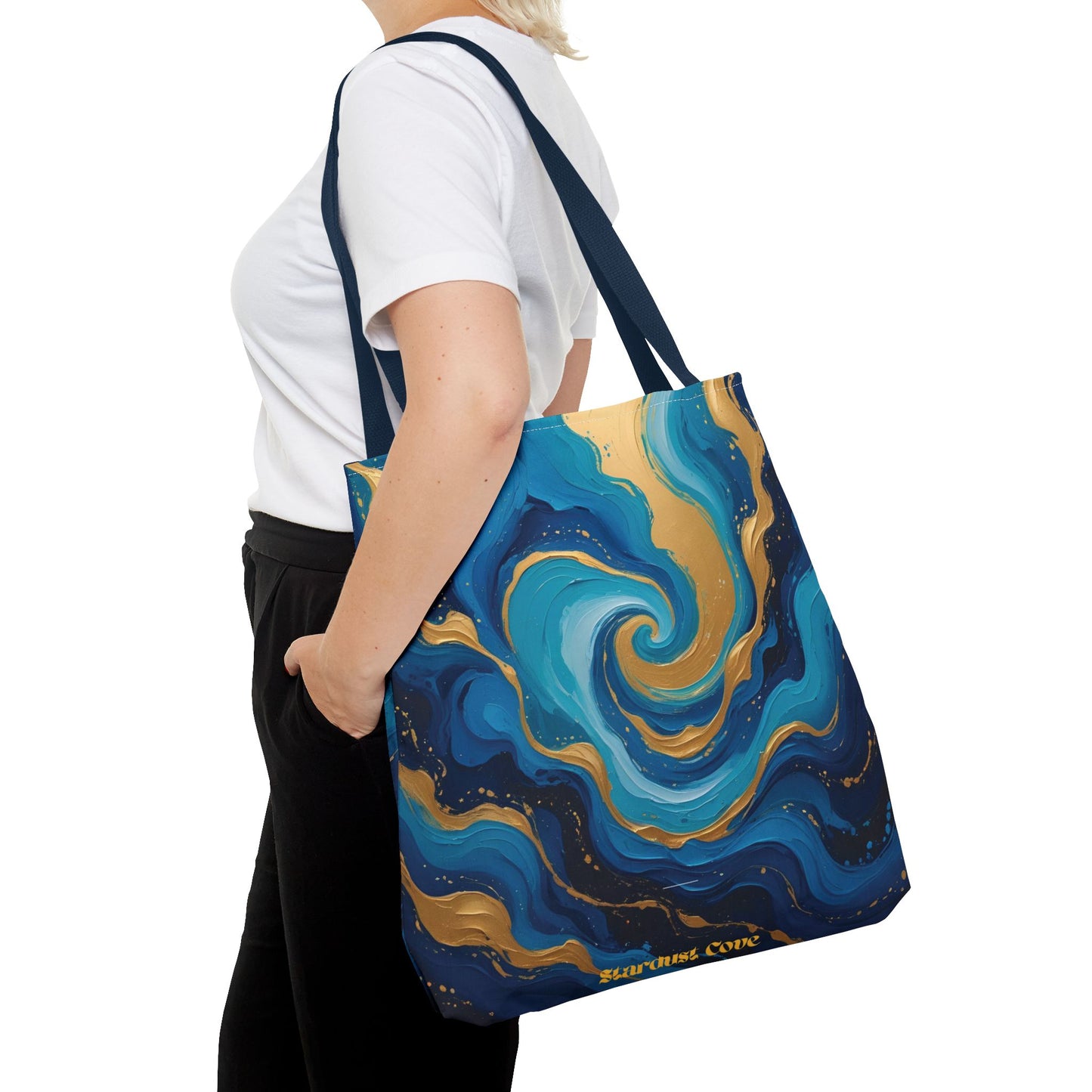 Celestial Swirl Tote Bag – Gold and Blue Abstract Ocean Print, Beach Bag, Stardust Cove Summer Collection