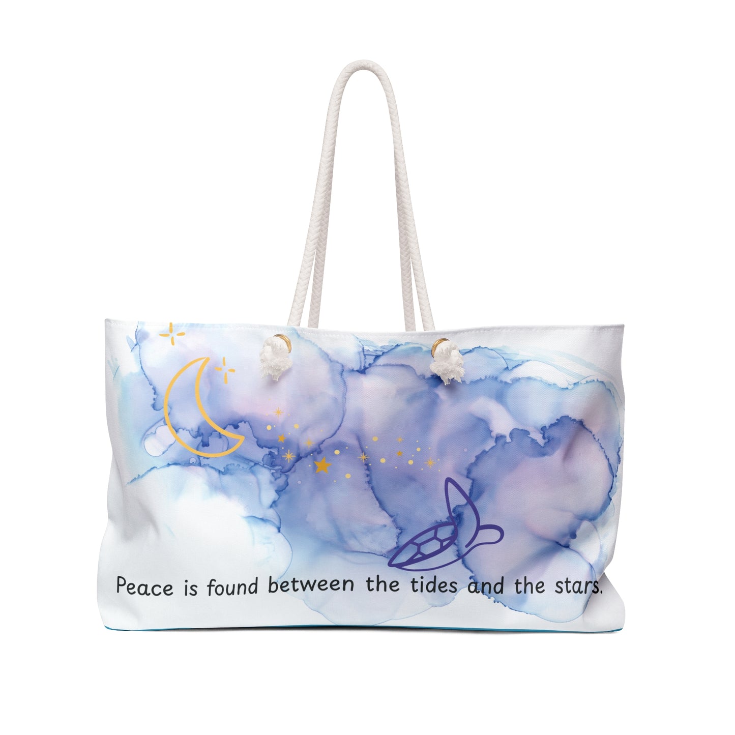 Celestial Ocean Weekender Bag – Moon, Stars & Turtle Quote | Stardust Cove Inspirational Weekender Bag - "Peace is found between the tides and the stars"