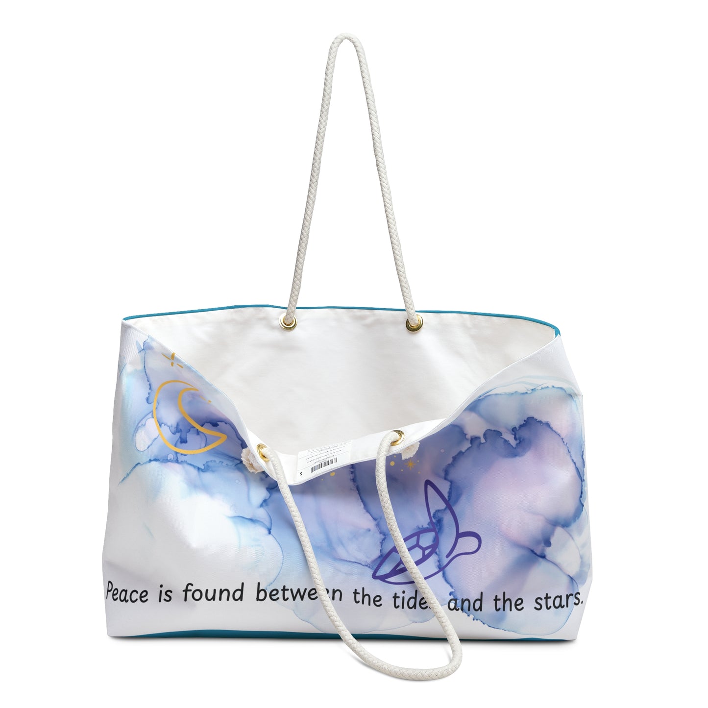 Celestial Ocean Weekender Bag – Moon, Stars & Turtle Quote | Stardust Cove Inspirational Weekender Bag - "Peace is found between the tides and the stars"