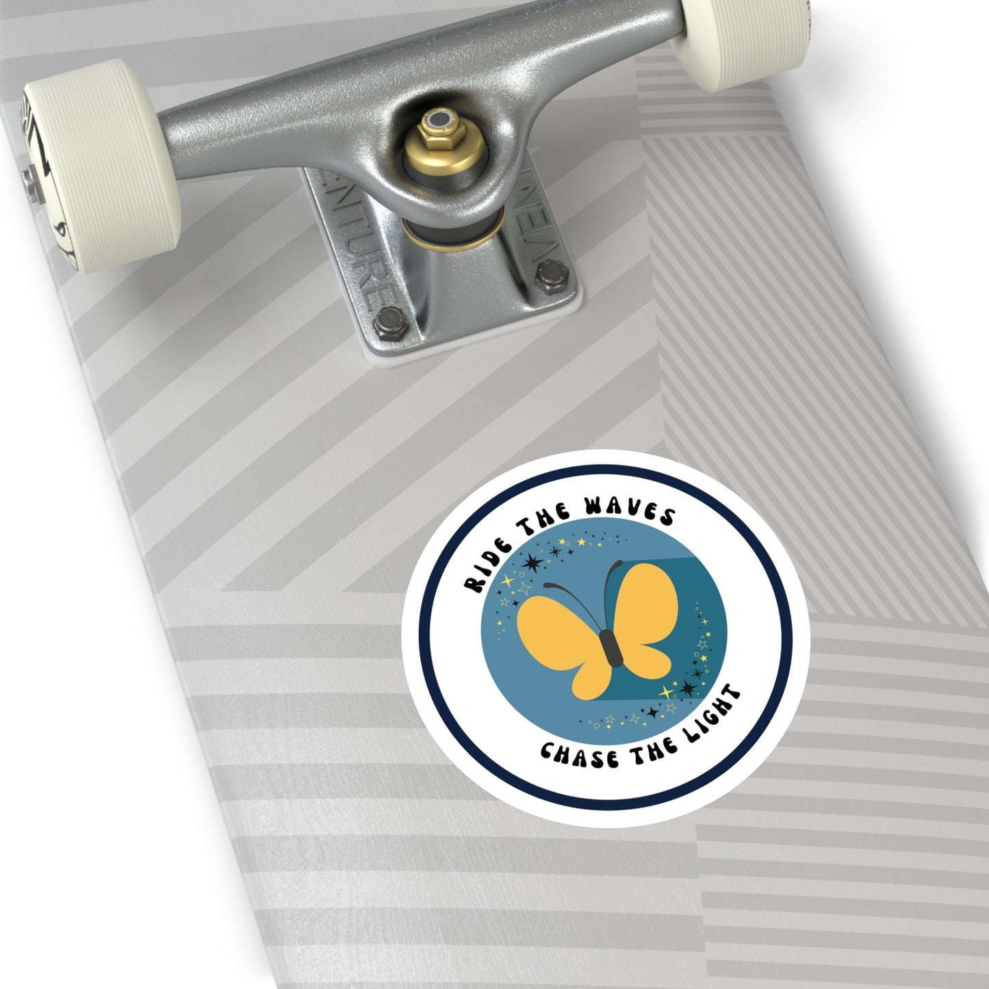 Ride the Waves, Chase the Light Sticker – Round Vinyl Ocean Butterfly Decal for Laptop, Journal & Water Bottle