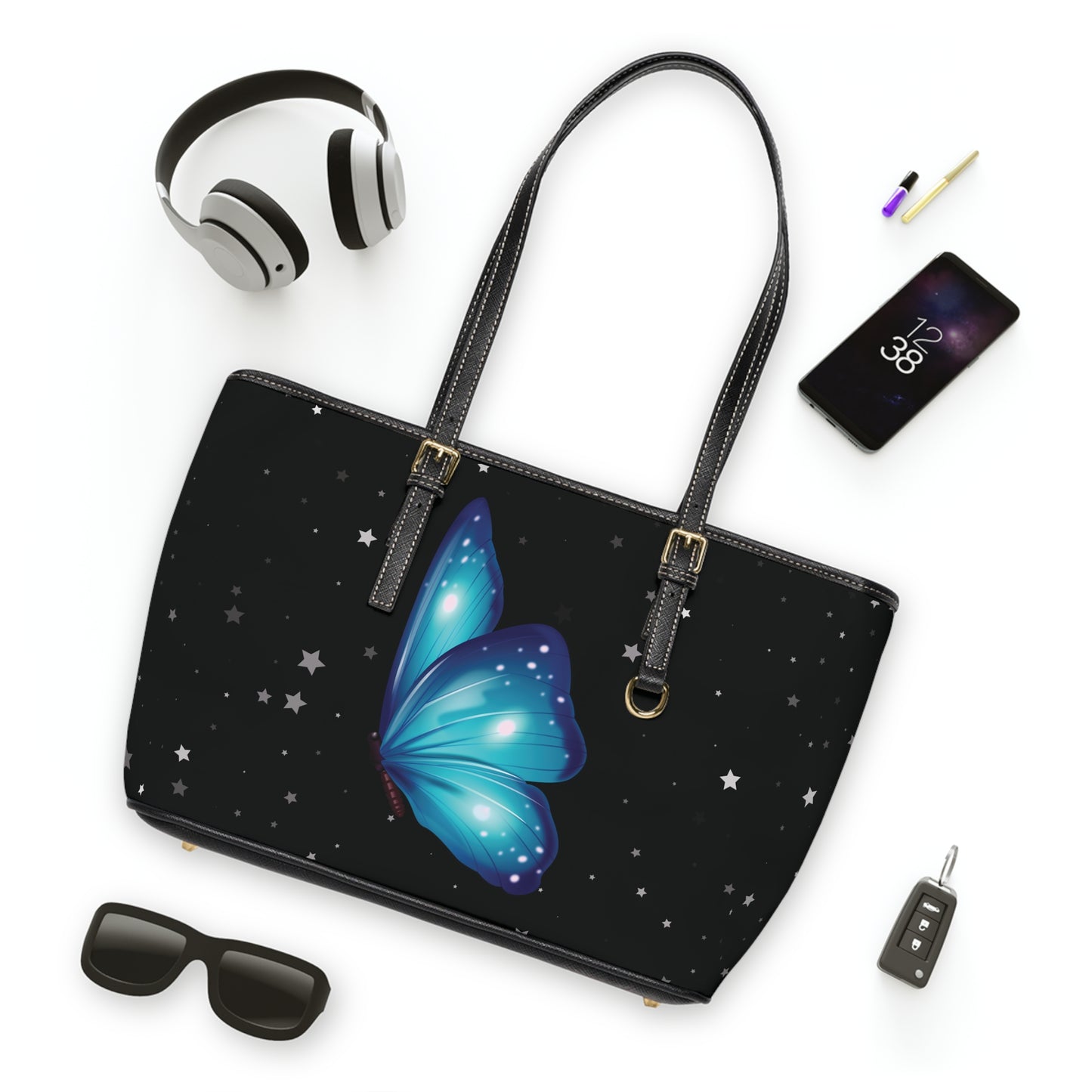Celestial Blue Butterfly Leather Shoulder Bag – Starry Night Handbag – Dreamy Chic Tote
