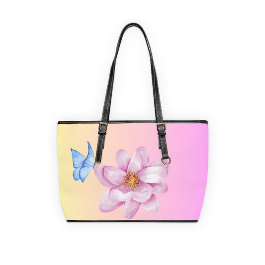 Pastel Butterfly and Flower Leather Shoulder Bag – Soft Gradient Tote – Dreamy Chic Handbag