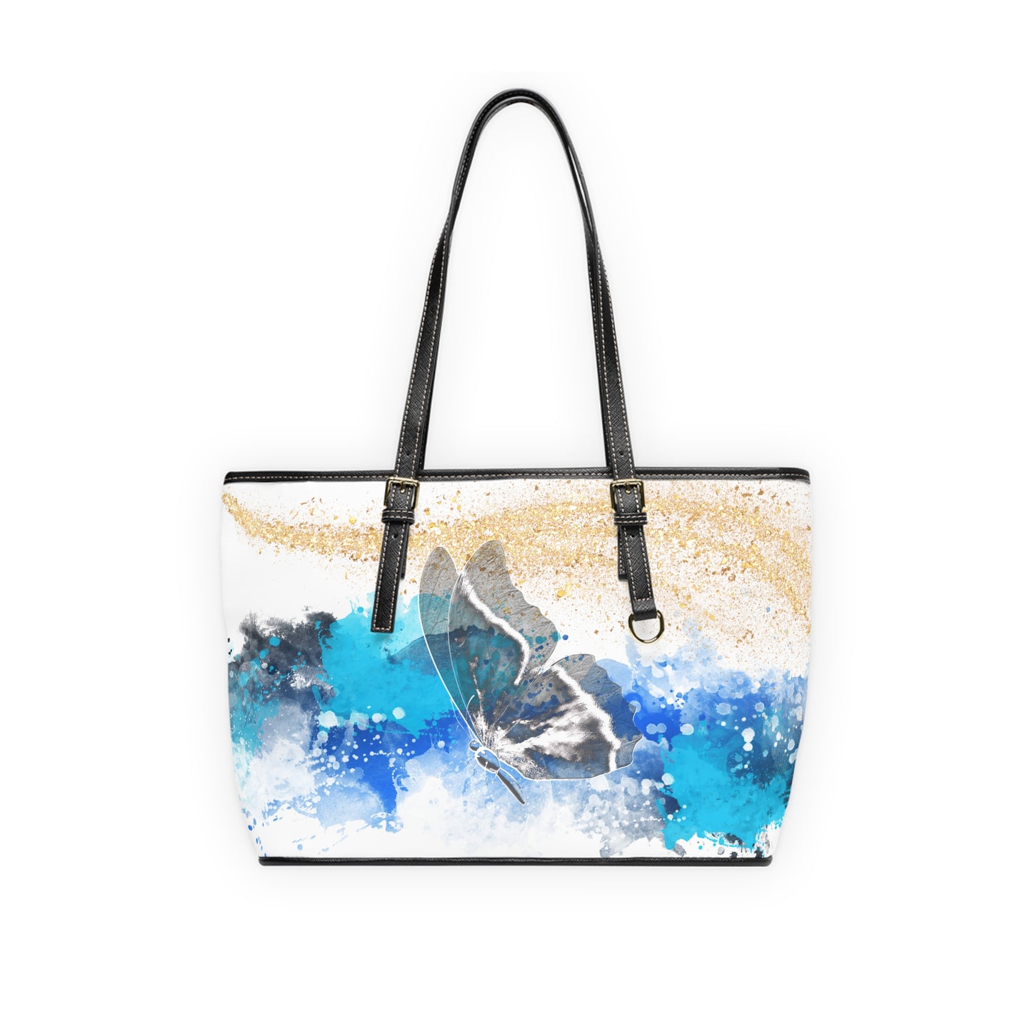 Elegant Blue Butterfly Leather Shoulder Bag – Watercolor Artistic Tote – Chic Travel Handbag