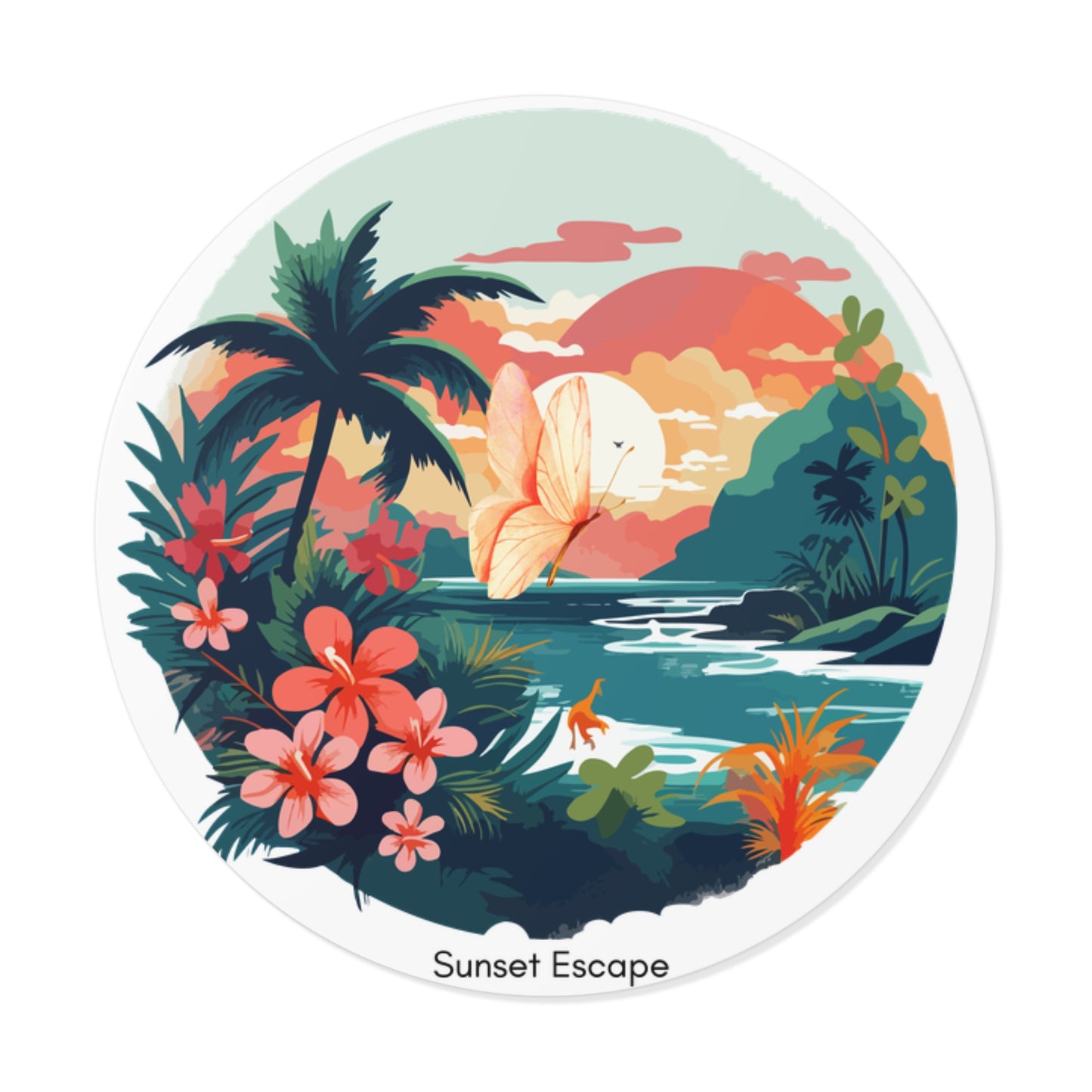 Sunset Escape Tropical Round Vinyl Sticker – Coastal Butterfly Beach Scene | Stardust Cove Aesthetic