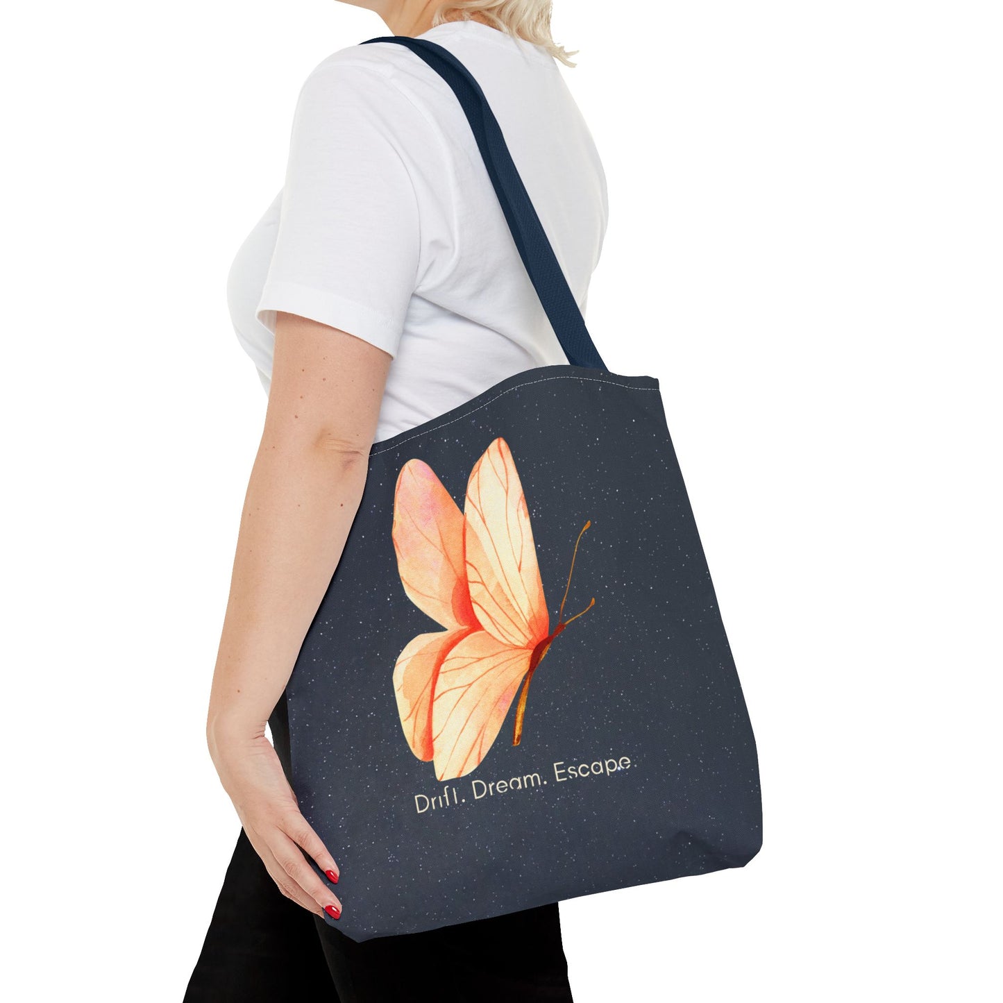 Drift. Dream. Escape. Celestial Butterfly Tote Bag – Starry Sky Quote Tote | Stardust Cove