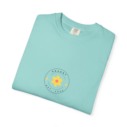 Light blue “Granny Est. 2024” T-shirt with retro daisy and star design — cute new grandma gift shirt with minimalist floral print.