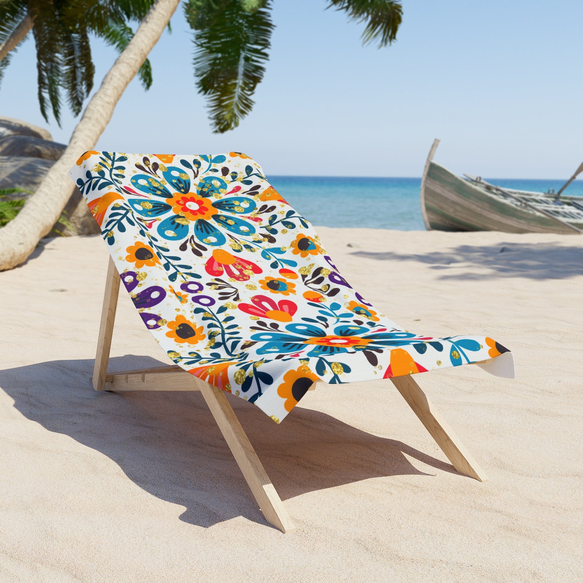 White beach towel with colorful floral folk art design — vibrant boho summer accessory from the Bloom by the Shore collection by Stardust Cove.