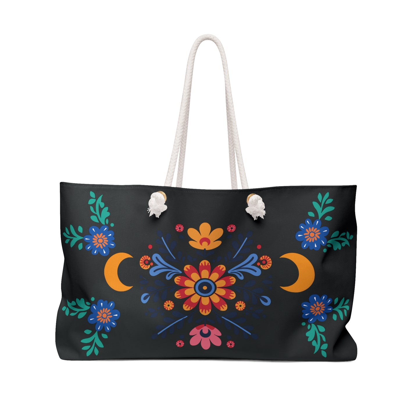Celestial Bloom Weekender Bag – Boho Moon & Floral Travel Tote | Mystical Folk Art Carryall | Stardust Cove