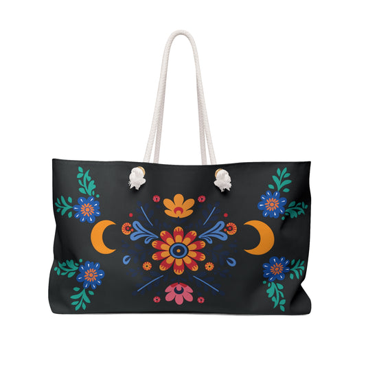 Celestial Bloom Weekender Bag – Boho Moon & Floral Travel Tote | Mystical Folk Art Carryall | Stardust Cove
