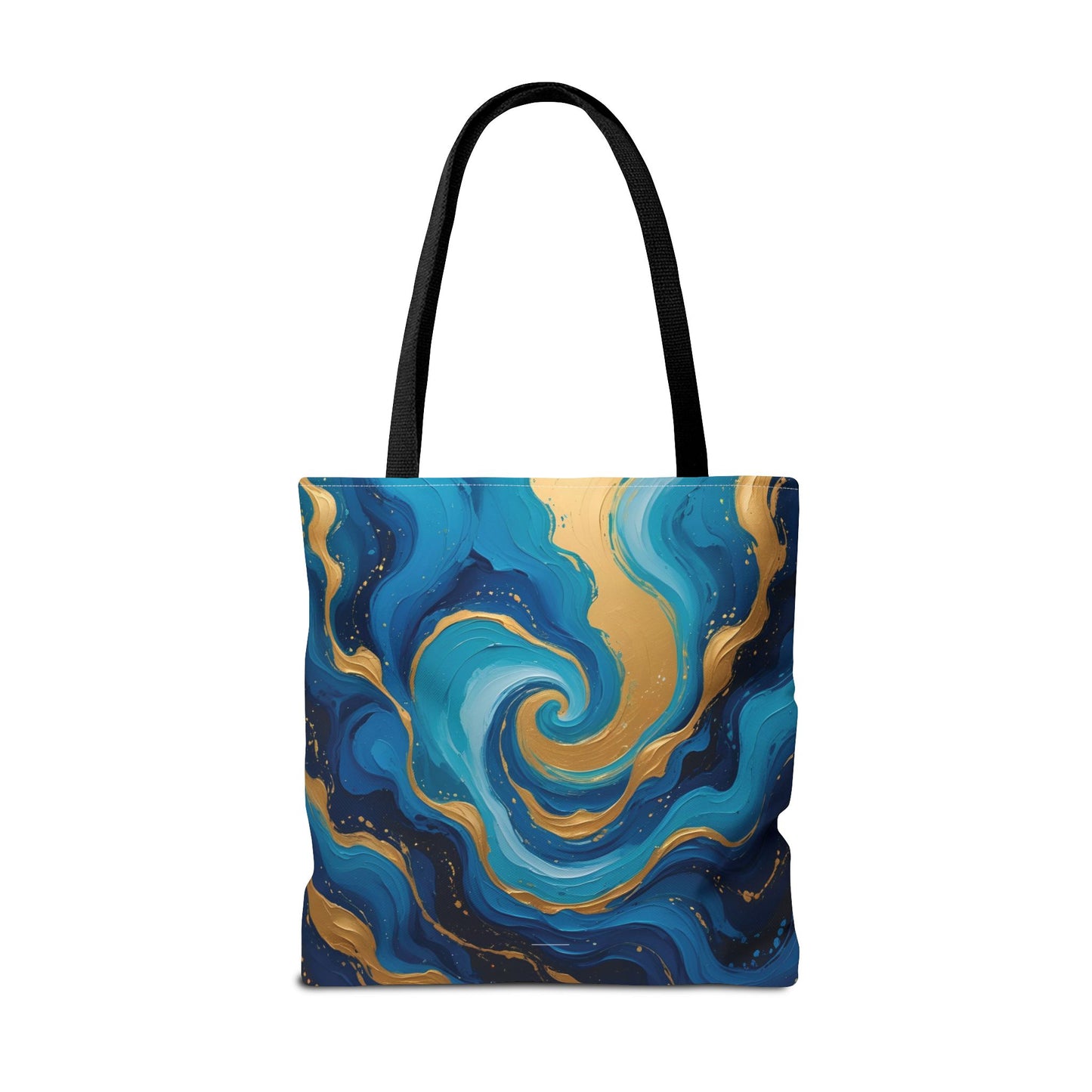 Celestial Swirl Tote Bag – Gold and Blue Abstract Ocean Print, Beach Bag, Stardust Cove Summer Collection