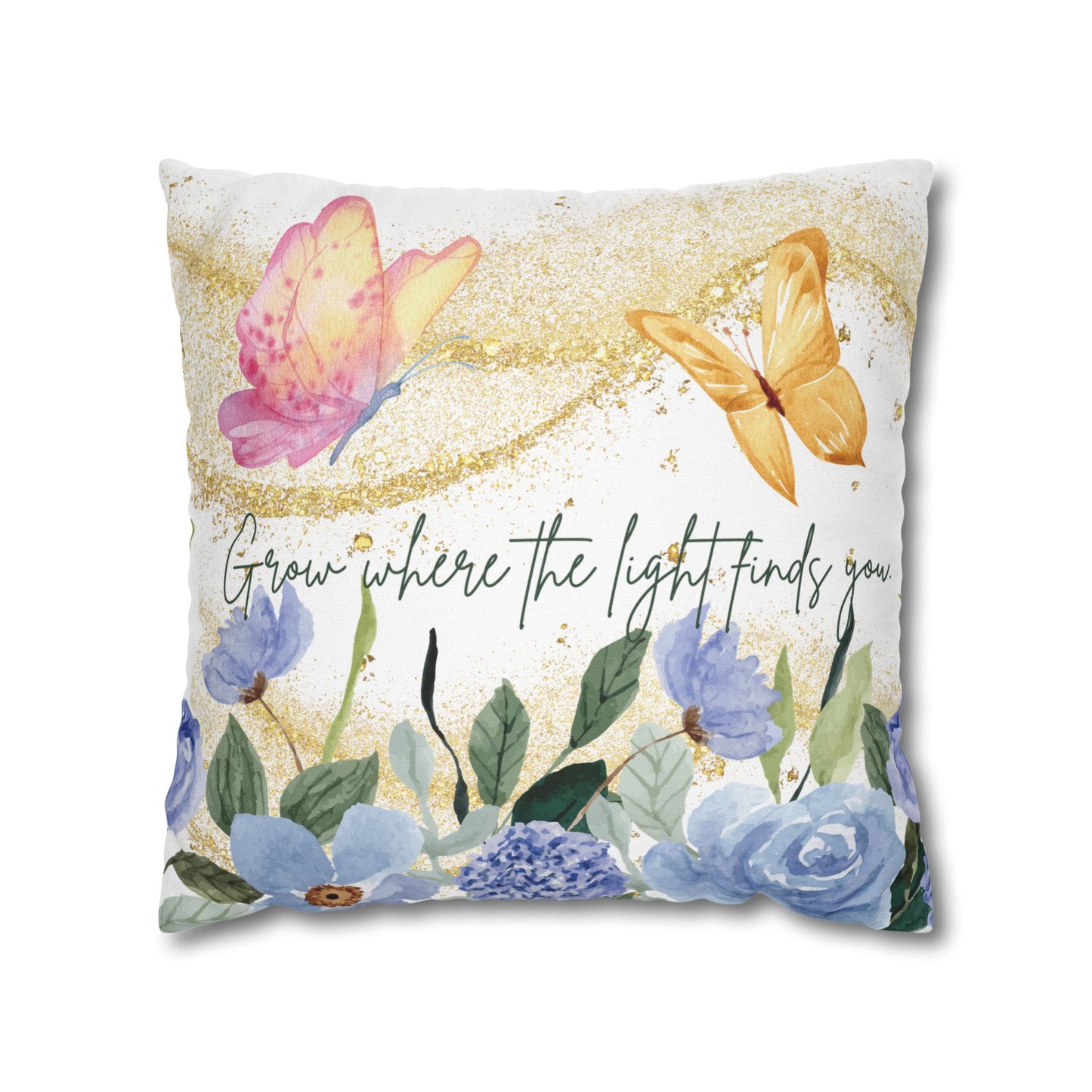 Butterfly & Floral Quote Pillow – “Grow Where the Light Finds You” Watercolor Cushion