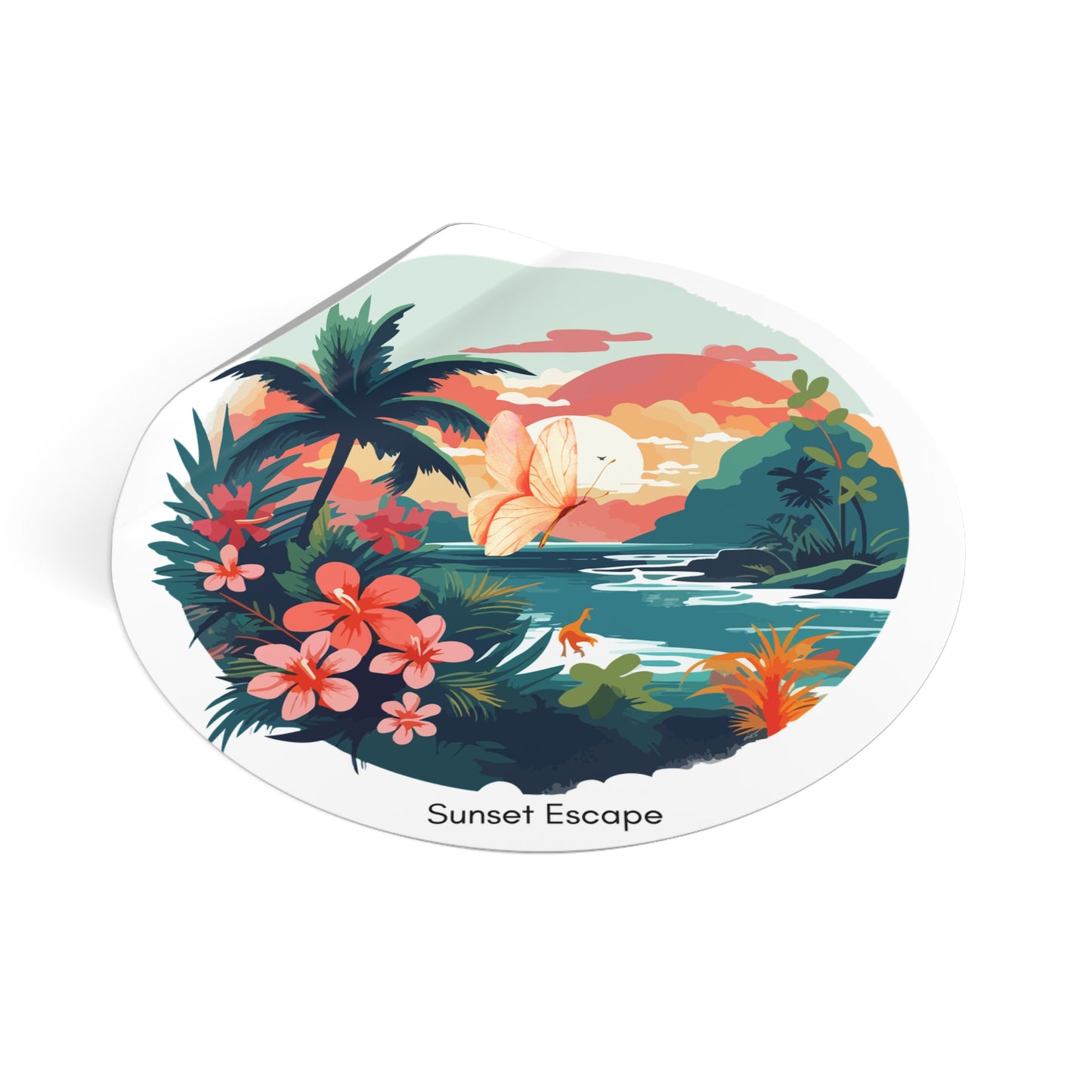 Sunset Escape Tropical Round Vinyl Sticker – Coastal Butterfly Beach Scene | Stardust Cove Aesthetic