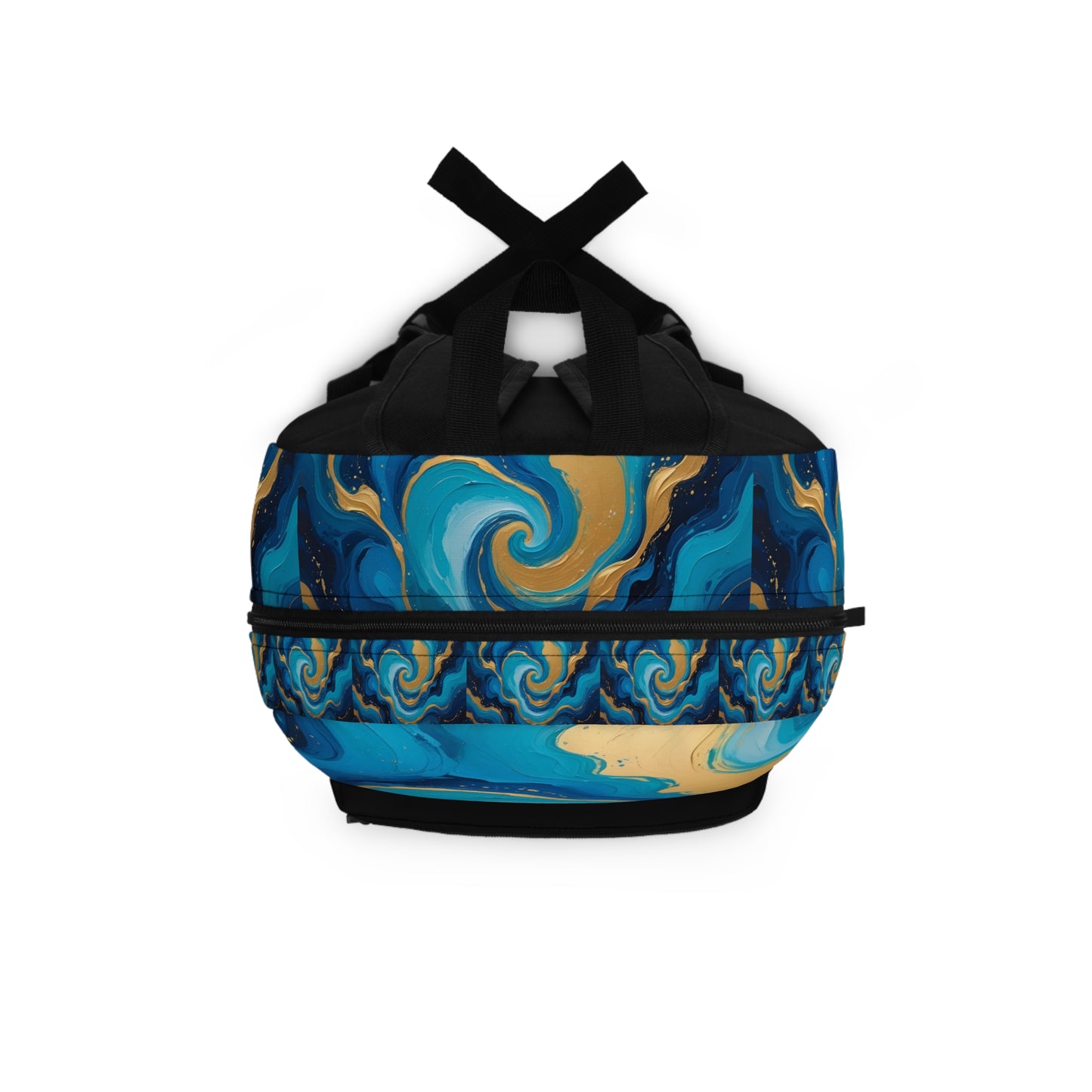 Tide Dreams Backpack – Celestial Swirl Print Bag, Blue and Gold Ocean-Inspired Daypack, Stardust Cove Travel Essential