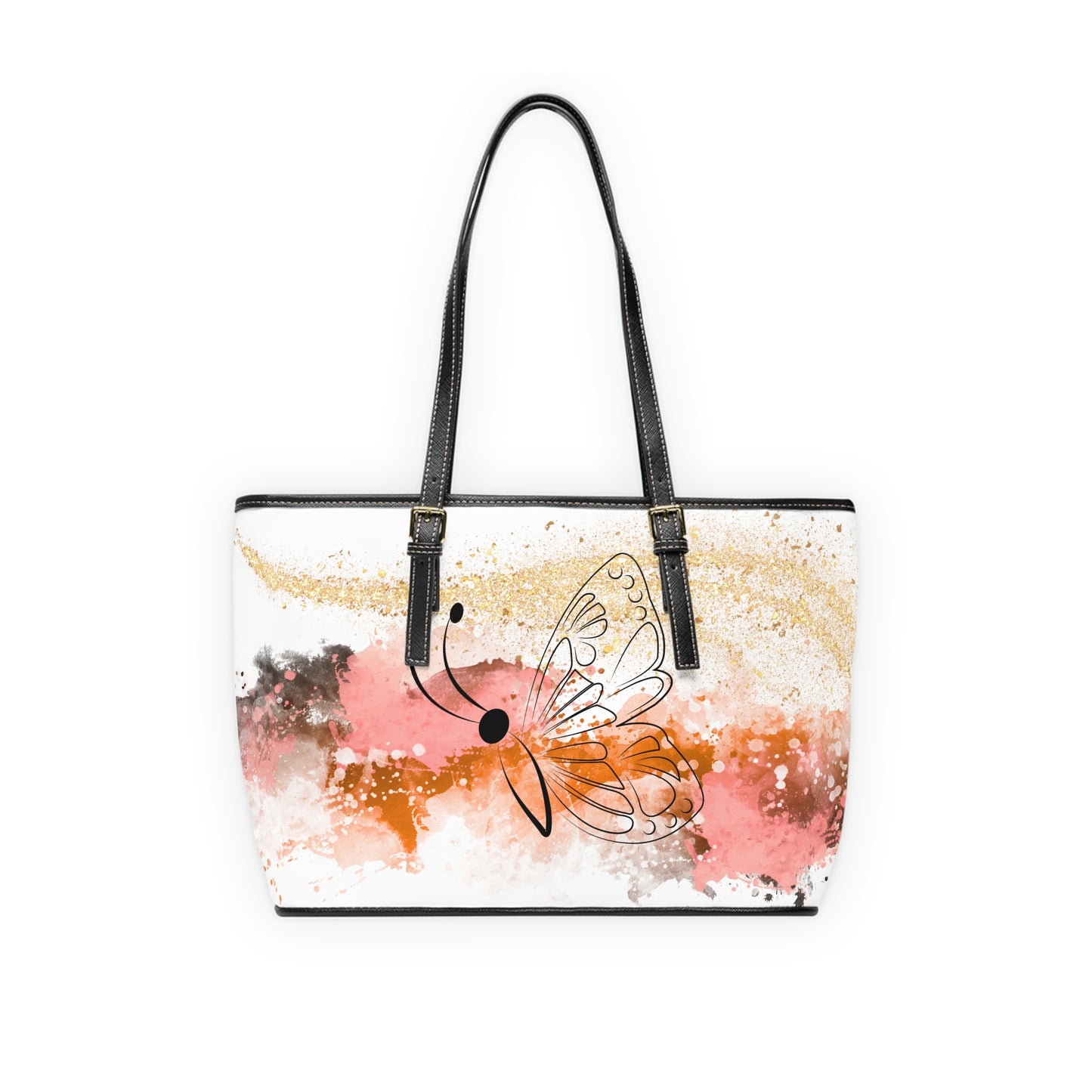 Watercolor Butterfly Leather Shoulder Bag – Sunset Tones Artistic Tote – Boho Chic Handbag