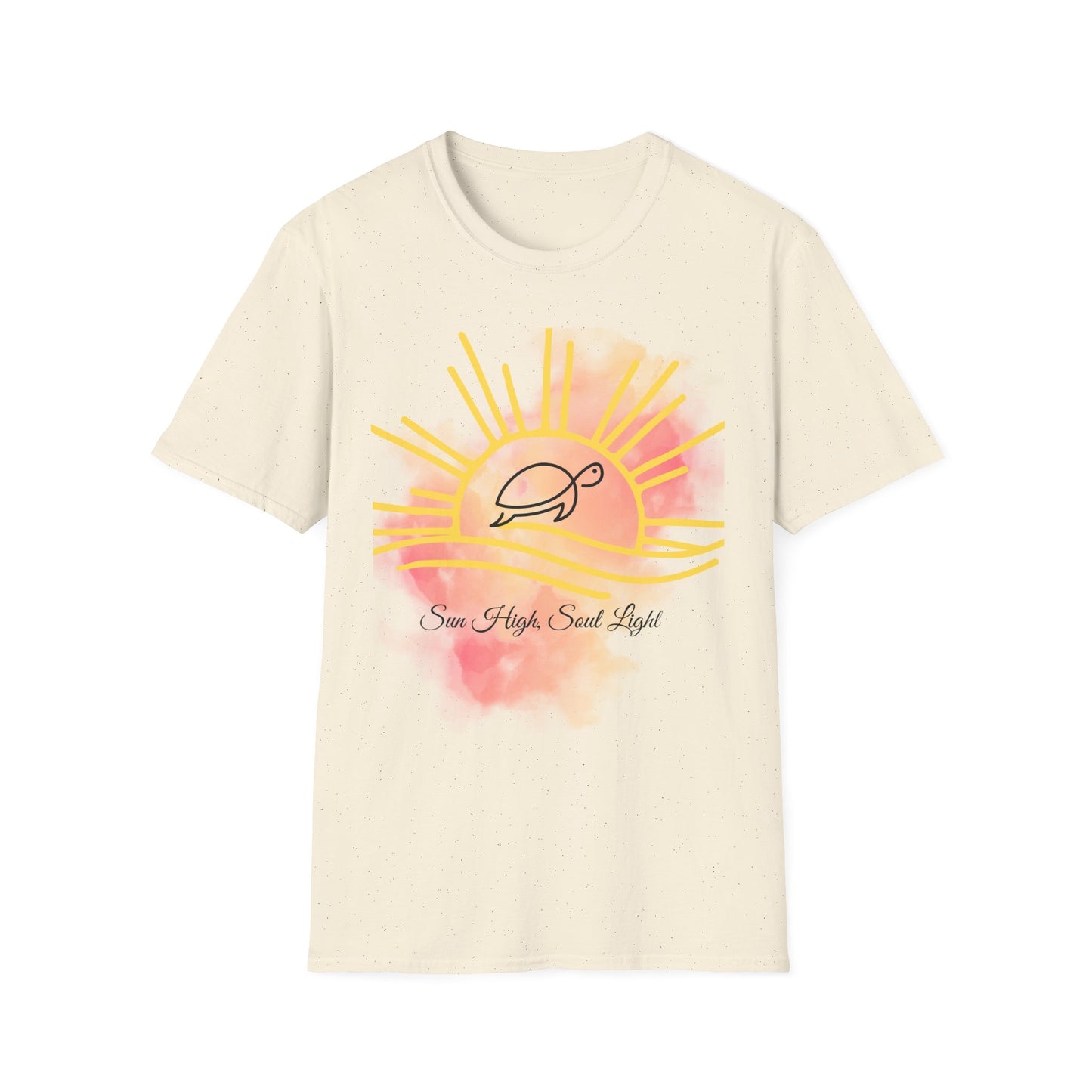 Sun High Soul Soft T-Shirt – Watercolor Sunrise & Turtle Tee | Uplifting Coastal Shirt