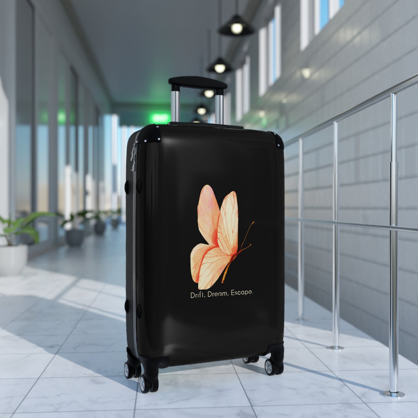 Drift. Dream. Escape. Butterfly Suitcase – Minimalist Black Luggage | Stardust Cove Travel Collection